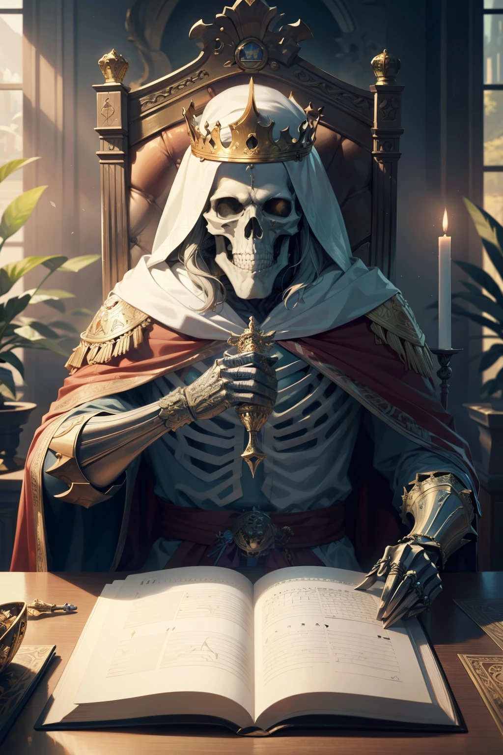 Skeleton King: A chilling image of a king with a best quality, 4k, highres, masterpiece skull for a head, wearing a royal cloak and holding a scepter. The detailed bones glisten in the soft lighting, each one ultra-detailed and photorealistic, reminiscent of an antique parchment manuscript. The mysterious identity of the Skeleton King is further emphasized by the stunningly intricate plants surrounding his throne, filled with complex illustrations and a gorgeous color palette.
King Calendar: An intriguing illustration of a king standing before a large, ultra-detailed, calender made of parchment. The photoreal