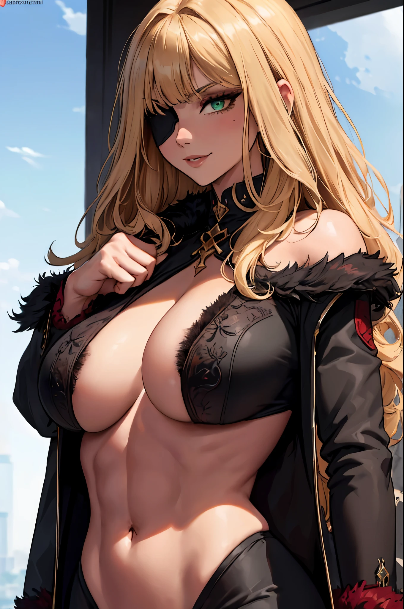 ((masterpiece)), ((best quality)), 1girl, adult, long hair, big bust, ((blonde hair)), very long blonde hair, ((intimidant look)), ((close-up)), profile image, green eyes, black and red clothes, sexy, dark colors, brillant eyes, ((coat with fur)), ((wavy hair)), exposed skin, ((sexy pose)), ((intimidant look)), good anatomy, ((dark sage clothes)), ((straight cut bangs)), emotionless, intimidant, ((beautiful eyes)), dark background, close up, ((detailed eyes)), beautiful eyes, ((detailed face)), hair bang, frontal look, evil, relaxed, smile, magical goddess othinus, abs, detailed face, eyepatch, huge tits, full body, ((detailed))
