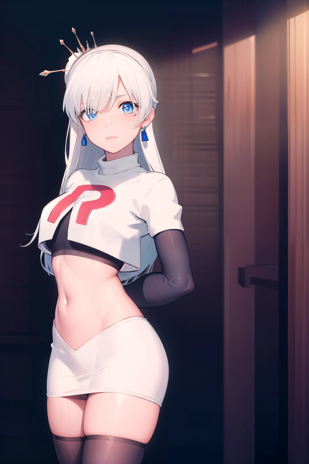 weissschnee, weiss schnee, long hair, blue eyes, hair ornament, ponytail, white hair, side ponytail, scar, tiara, scar on face, scar across eye,
BREAK jewelry, earrings, team rocket,team rocket uniform, red letter R, white skirt,white crop top,black thigh-highs,black elbow gloves
BREAK looking at viewer, (cowboy shot:1.5),
BREAK (masterpiece:1.2), best quality, high resolution, unity 8k wallpaper, (illustration:0.8), (beautiful detailed eyes:1.6), extremely detailed face, perfect lighting, extremely detailed CG, (perfect hands, perfect anatomy),