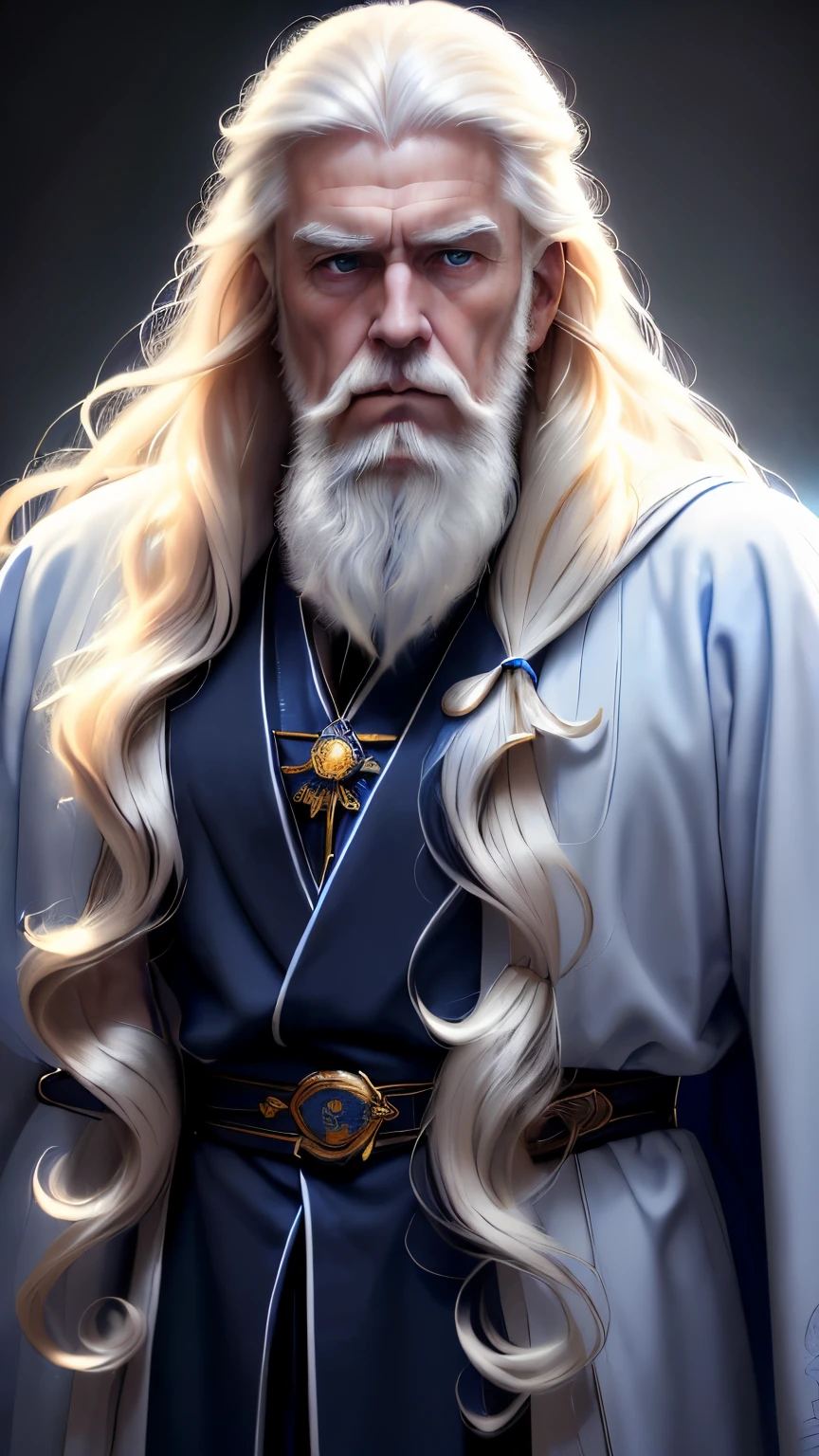 (a young man with blonde hair and blue eyes),(an elderly person with white long hair and a white beard),(standing back to back),(the elderly person wearing a magnificent blue robe),(serious expression),(imposing presence),(illustration),(ultra-detailed),(photorealistic),(vivid colors),(studio lighting),(sharp focus),(bokeh),(portraits)