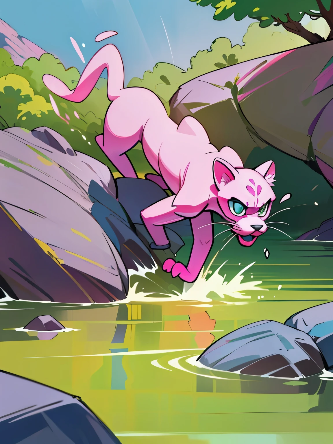 A pink panther ((aggressive), in attack position, rocks and lake around, highly detailed nature environment, high quality picture, hyper realistic, cinematic look, HD in 32k--ar 3:2--in style cartoon, draw