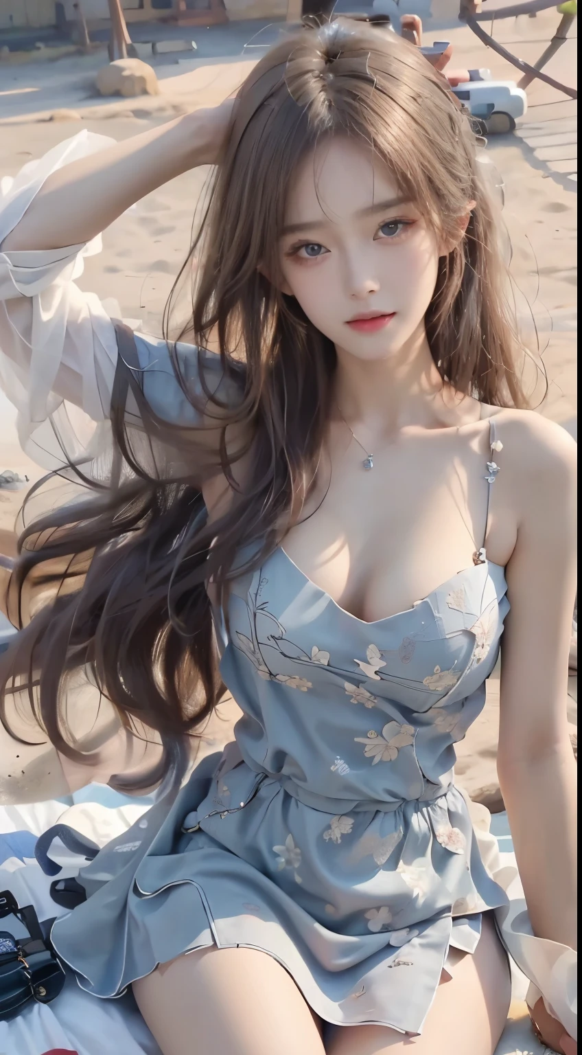 chromatic dispersion,glowing colors, (masterpiece, best quality:1.2), 1girl, solo, ((bare shoulders)), (actual:1.37), ((lying on a beach)), ((Bird's eye view shot)), Sweet maiden, beautiful妆容, Exquisite makeup, Extremely beautiful eyes, long hair, curls, slim body, ((big breasts, Big breasts, cleavage)), Sexy slender legs, The skirt is short, Leaking sexy legs, elegant posture, Dynamic posing, best quality, correct, correct的手, correct的腿, 解剖学correct, official art, complex, detail的脸, detail, lifelike, Very detailed, amazing, beautiful, Young and energetic, Charming model, Meticulous CG Uniform 8k wallpaper