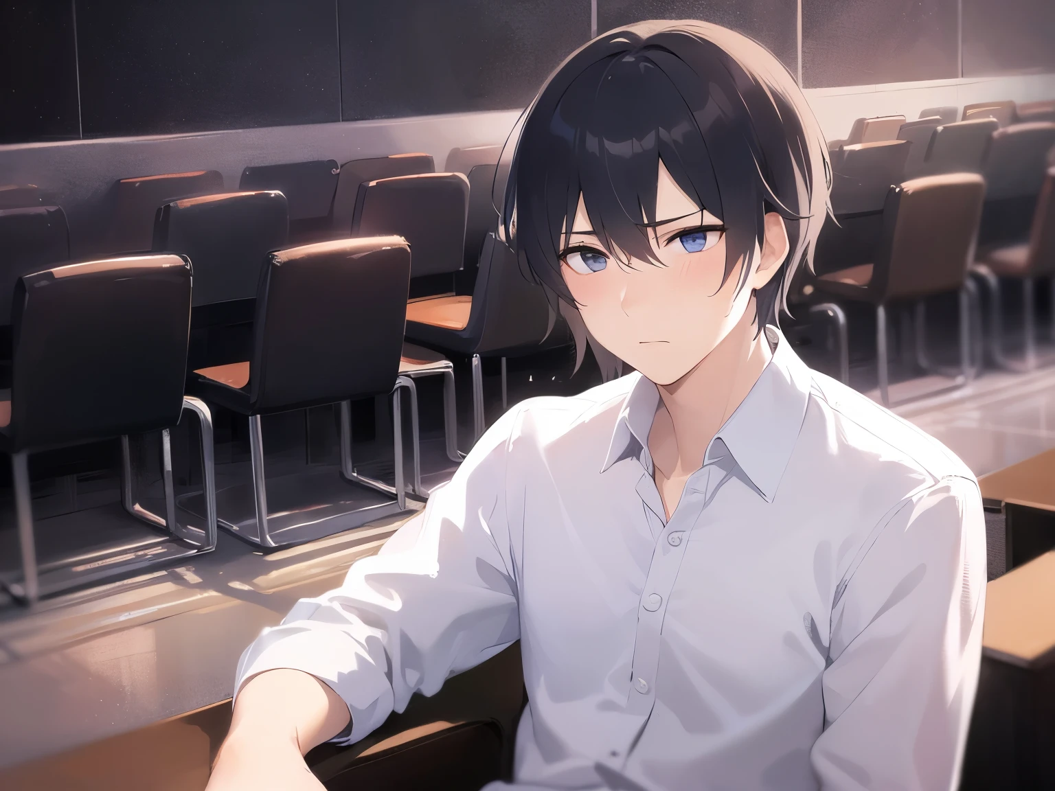 (looking away:1.5)、Upper Body, masterpiece、highest quality、25 year old male with short black hair and blue eyes, wearing a white shirt、sitting、serious expression, (blush:1.2), background is Movie theater、seat、dark, (Alone:2)