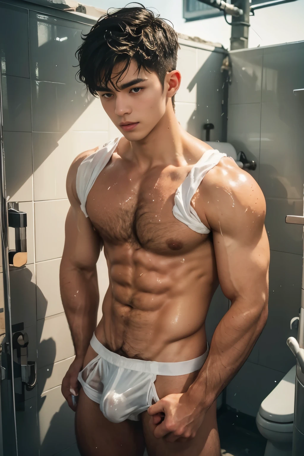 Muscle body, Soaked white THONG, hairy body, ager, very wet body, Hairy stomatch, very hairy abs, Very bushy hairy armpits, hairy pubic, hairy crotch, white transparent see through sleeveless shirt, Super Realistic photography, PROUDLY SHOWING OFF HIS BODY, Cute teen, Wearing soaked white sleeveless t-shirt, NO PANTS, NO BOXER, DETAILED, sexy, wearing soaked THONG, ABS EXPOSED, Very wet body, very wet, dirty urinal, public men toilet, men urinal, pantless just wearing soaked white thong exposed HIS big bulge, Showing off his very hairy armpits, muscle fit body, teenagerry cute boy face, 17 years oldoung teenager boy, seedy and y alley scenery, in the middle of Crowded public toilet, dickprint, Sweat dripping all over the body, Proudly showing off his sweaty very hairy armpits to audience , The colors are bright and vibrant, enhancing the overall aesthetic. The lighting is soft and natural, casting a soft glow on the boy, don't merge body's, detailed eyes and lips, sixpack and fit body. Image quality is of the highest standard, with ultra-detailed features and a realistic appearance.
