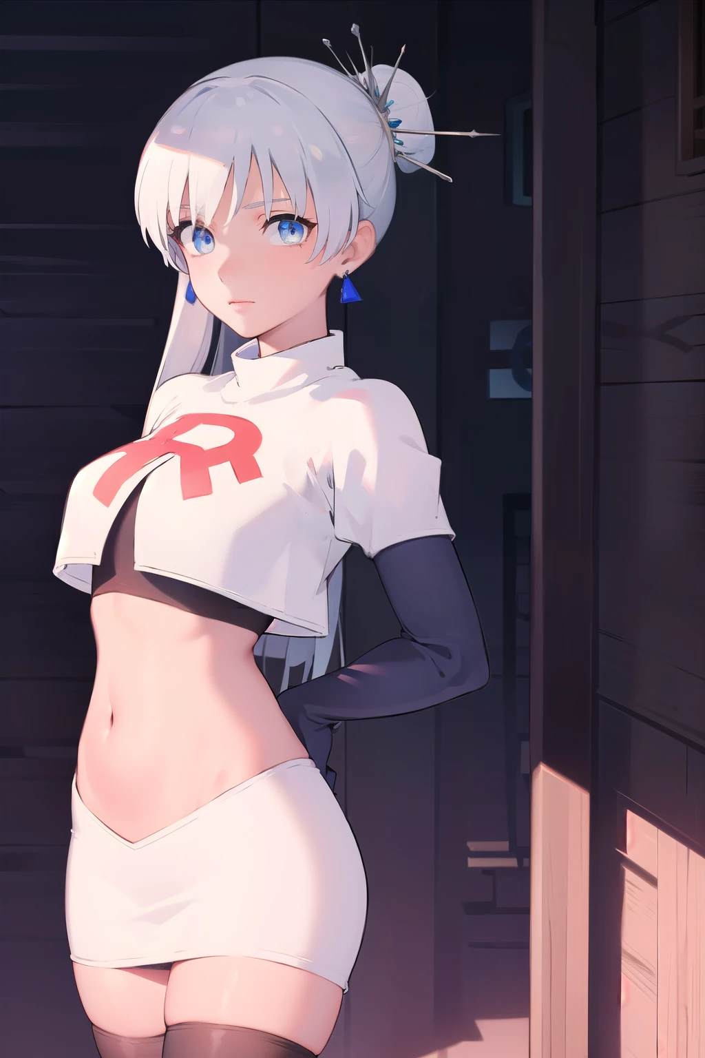 weissschnee, weiss schnee, long hair, blue eyes, hair ornament, ponytail, white hair, side ponytail, scar, tiara, scar on face, scar across eye,
BREAK jewelry, earrings, team rocket,team rocket uniform, red letter R, white skirt,white crop top,black thigh-highs,black elbow gloves
BREAK looking at viewer, (cowboy shot:1.5),
BREAK (masterpiece:1.2), best quality, high resolution, unity 8k wallpaper, (illustration:0.8), (beautiful detailed eyes:1.6), extremely detailed face, perfect lighting, extremely detailed CG, (perfect hands, perfect anatomy),