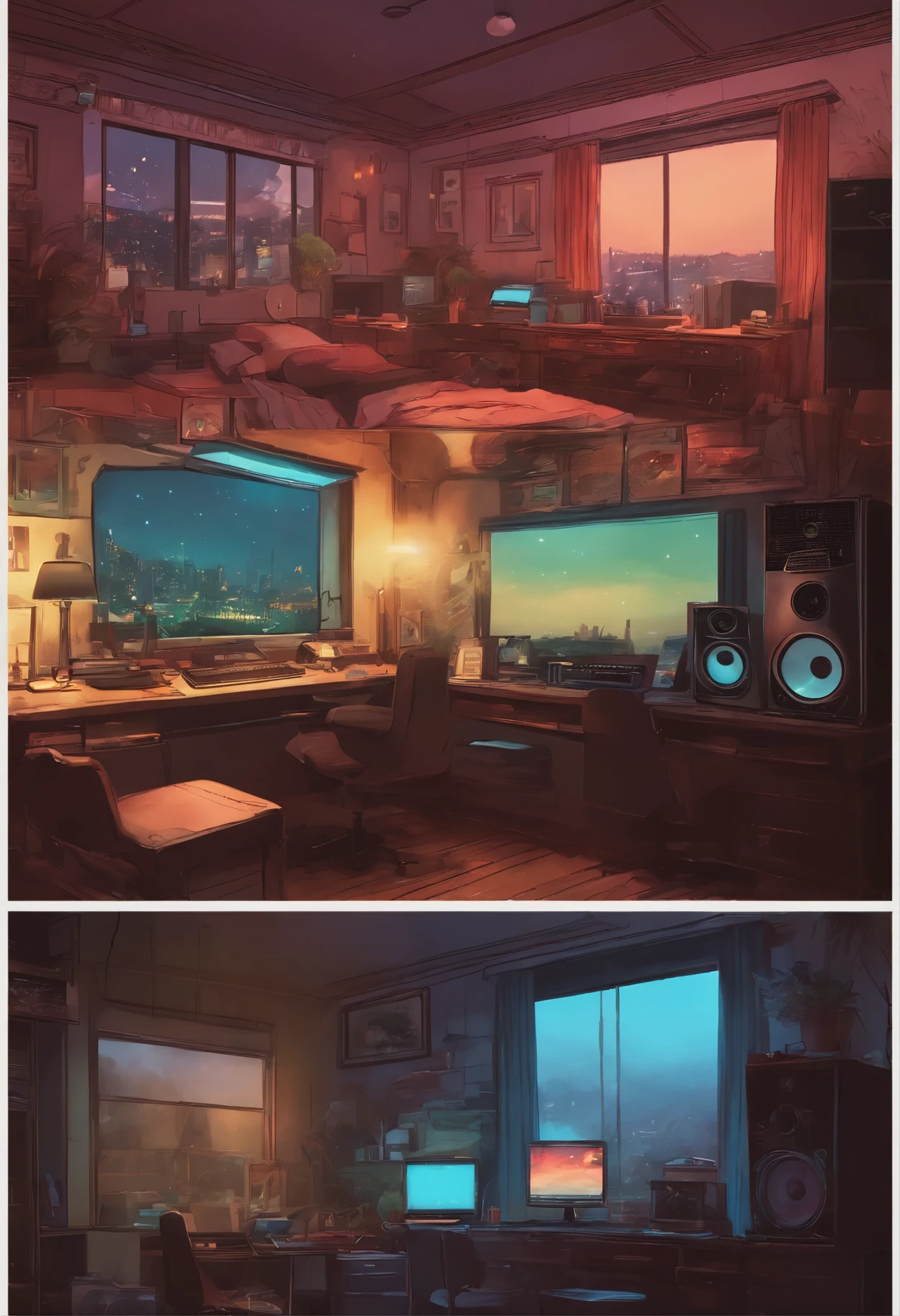 A room with many monitors,female cat girl, night light, Neon landscape on a rainy day, analog color theme, lo-fi hip hop , retrospective, flat, 2.5D ,Draw a line, ink painting, Osaka road, watercolor painting, gouche color, studio ghibli style, So colorful, outerton, Krautlock, Lofiato,  70s style,old texture, amplitude,Psychedelic atmosphere, masterpiece, amazing technology,mysterious,