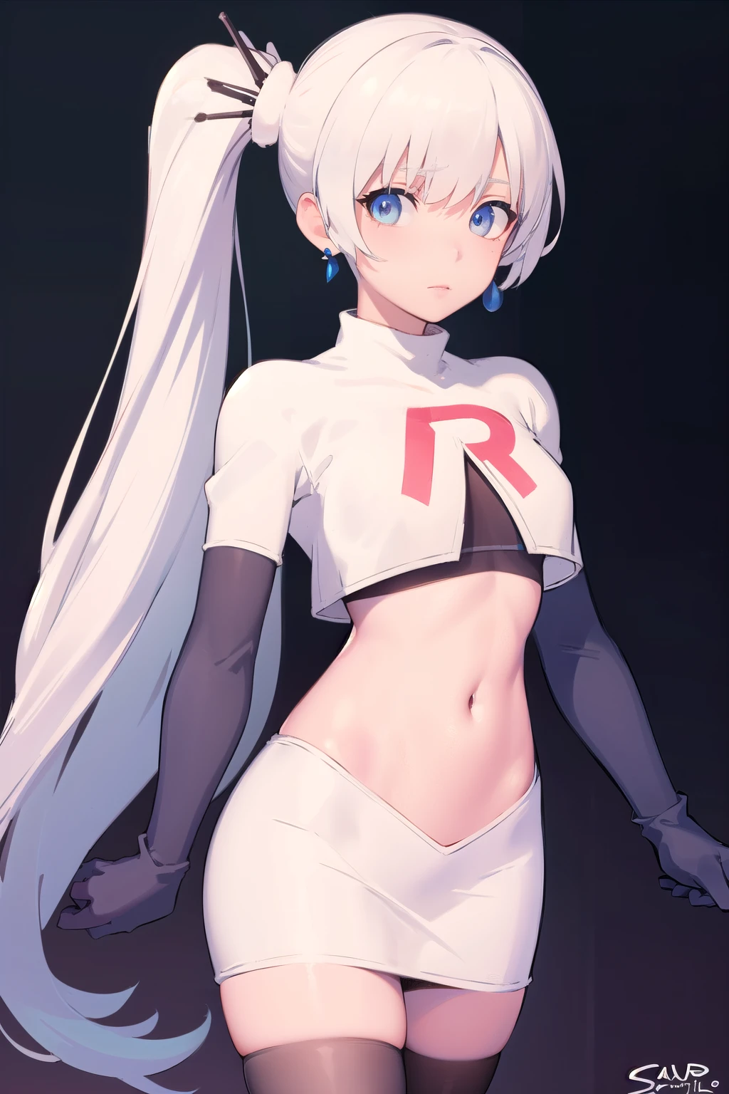 weissschnee, weiss schnee, long hair, blue eyes, hair ornament, ponytail, white hair, side ponytail, scar, tiara, scar on face, scar across eye,
BREAK jewelry, earrings, team rocket,team rocket uniform, red letter R, white skirt,white crop top,black thigh-highs,black elbow gloves
BREAK looking at viewer, (cowboy shot:1.5),
BREAK (masterpiece:1.2), best quality, high resolution, unity 8k wallpaper, (illustration:0.8), (beautiful detailed eyes:1.6), extremely detailed face, perfect lighting, extremely detailed CG, (perfect hands, perfect anatomy),