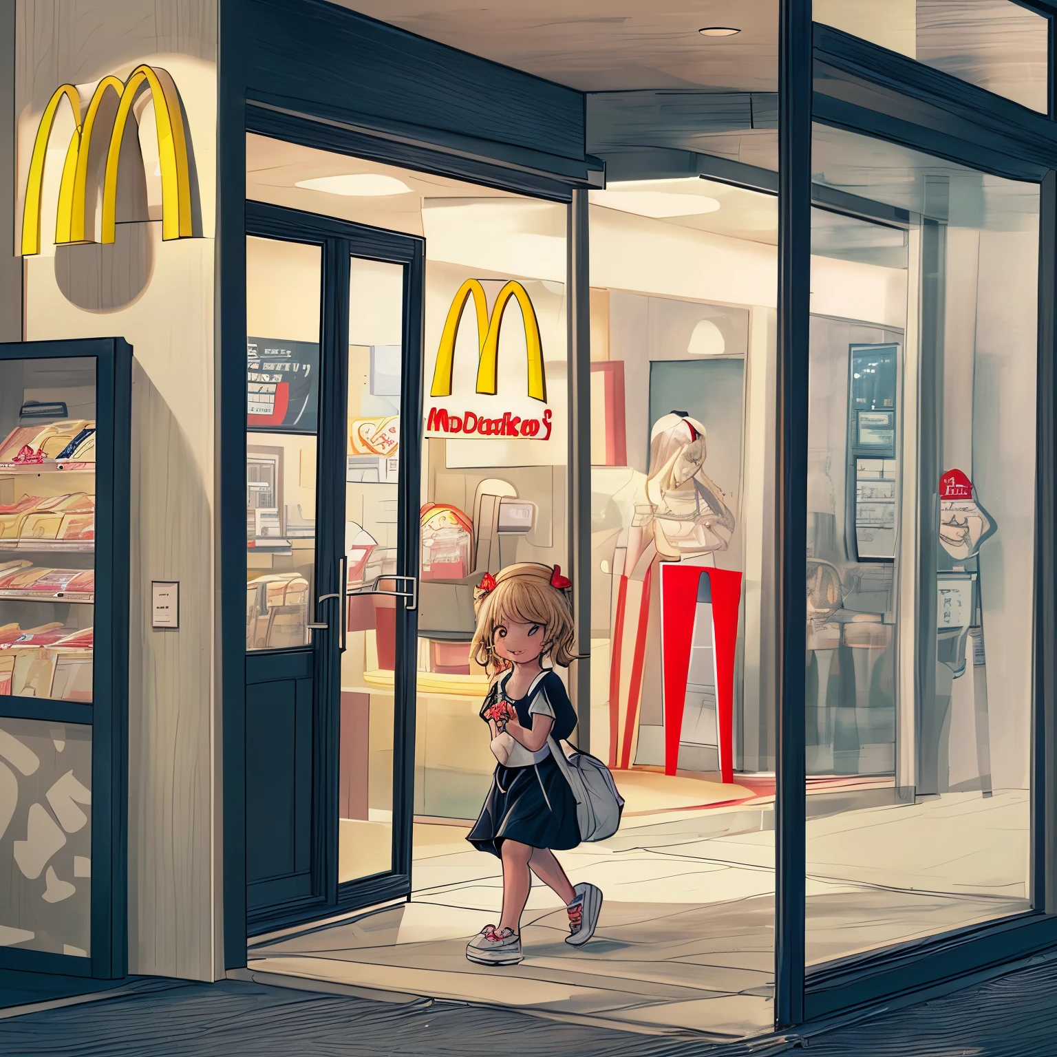 Drawing of a cute little walking through the door and entering a McDonald's restaurant.