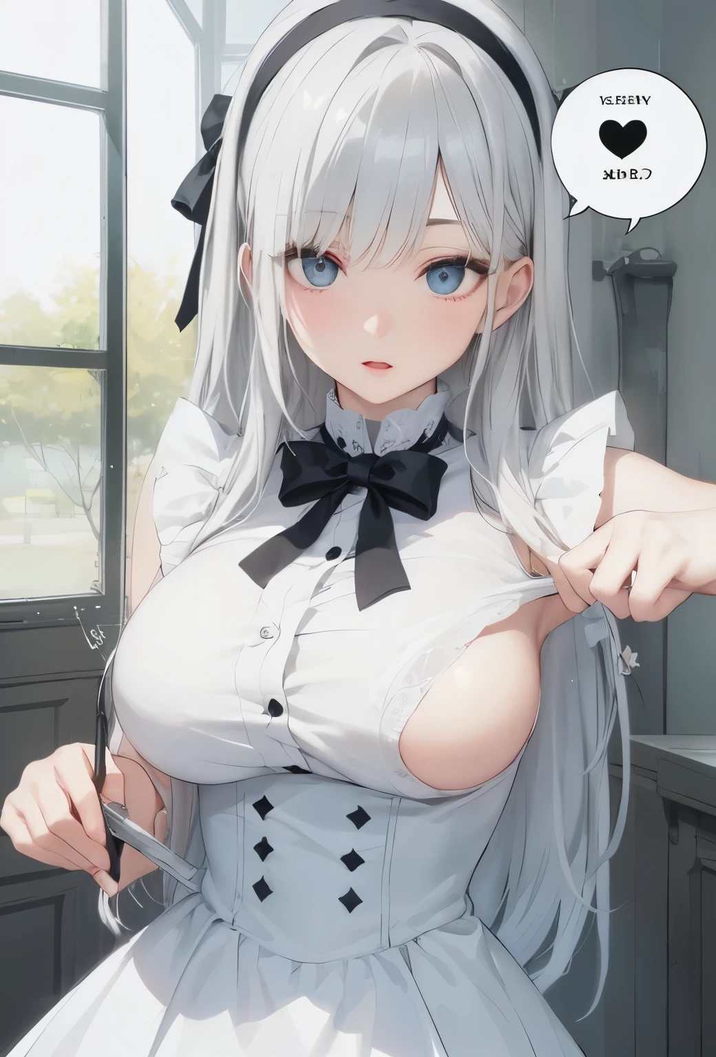 big breasts:1.5、、highest quality、very detailed、Very realistic eye masterpiece、highest quality、very detailed、gray hair、perfect face、long hair、white dress、sundress、