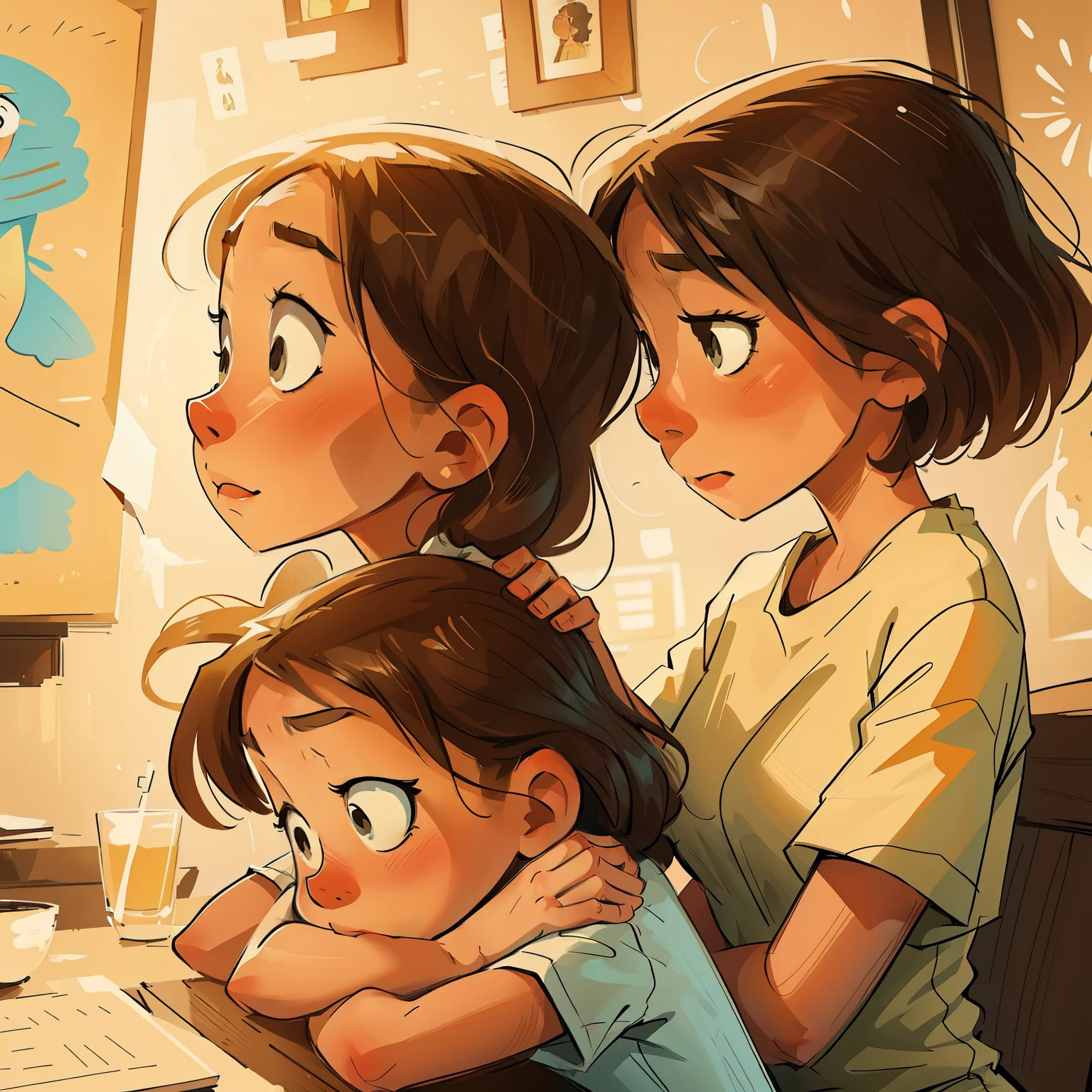 Artwork depicting a girl with an emotional attachment to her partner, animated style, featuring two characters in the foreground, a simpler background without intricate details. The girl, with expressive eyes and an anxious face, clings onto her companion, who looks comforting and reassuring with a gentle smile. Her arms surround his waist, while his hand rests on her shoulder, creating an intimate scene. The background is kept minimal, blurred and muted, focusing the attention on the emotional connection between the two characters. The artwork style is loose and exaggerated, conveying the raw emotions of their bond. Cartoonish shading and bold lines add depth and texture, enhancing the expressiveness of the scene. The overall