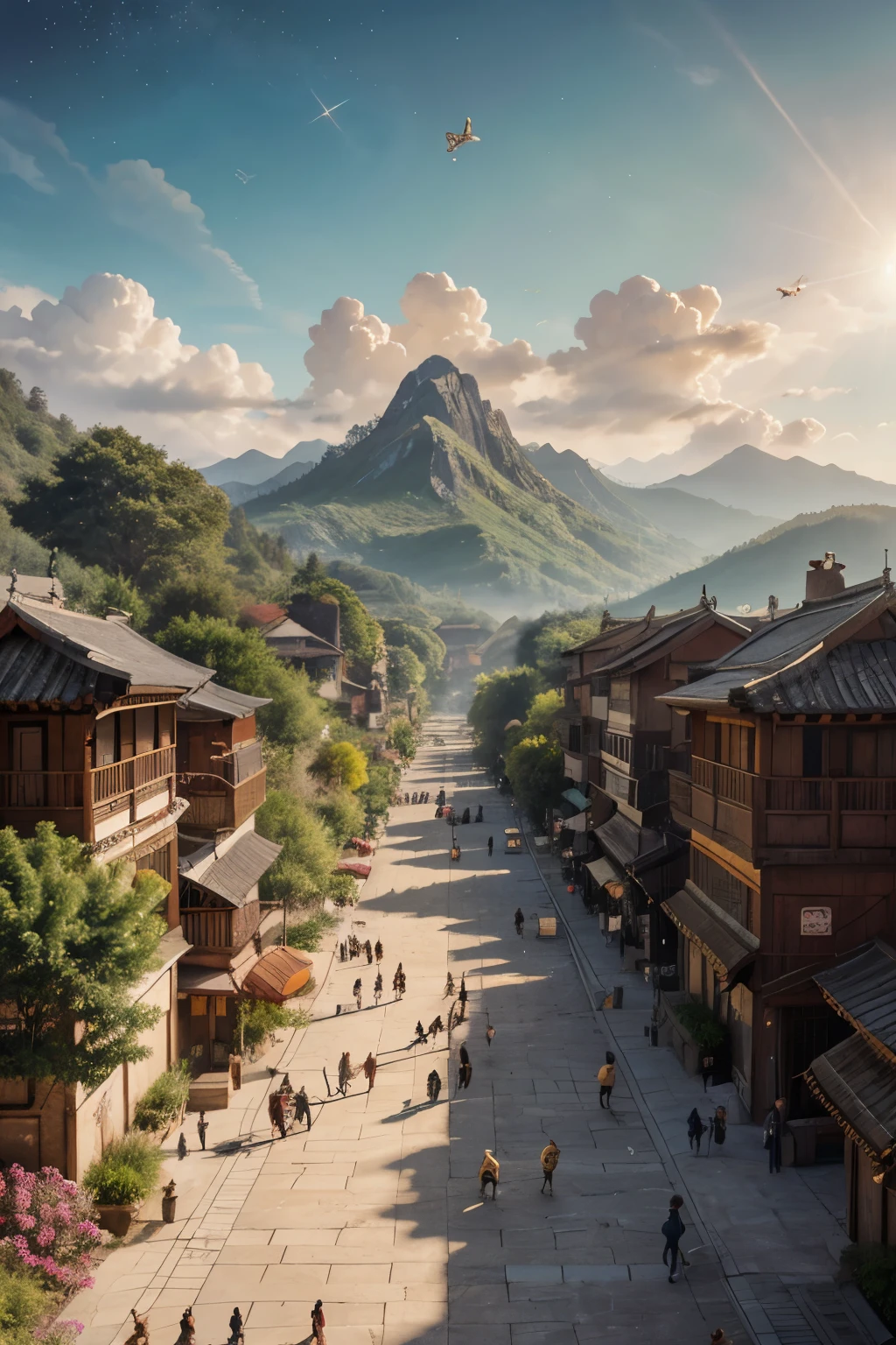 Fun and vibrant cartoon background,Innocence,The overall tone of the background is bright and lively,Cartoon pattern,Fluttering streamers、twinkling stars and dreamy clouds,Cartoon animals playing in the sun,Mountains in the distance, illustration、Chinese landscape painting