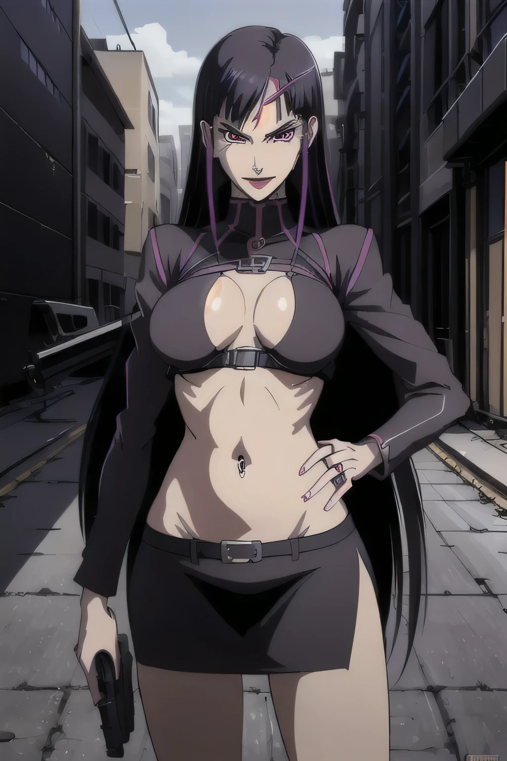 1girl, black hair, long hair
,purple eyes,red lips,
masterpiece, best quality, highly detailed, a girls with a gun, open mouth, blazer, sexy gaze, (nsfw) not
safe for work, badass pose , evil smile, smile, black bra, anime girl with long hair, long haired girl,
navel, evil expression, exposed belly, exposed navel, exposed midriff, exposed lower belly, micro
miniskirt, micro pencil skirt, pencil skirt ,holding a gun, outdoor,street,road, navel piercing
