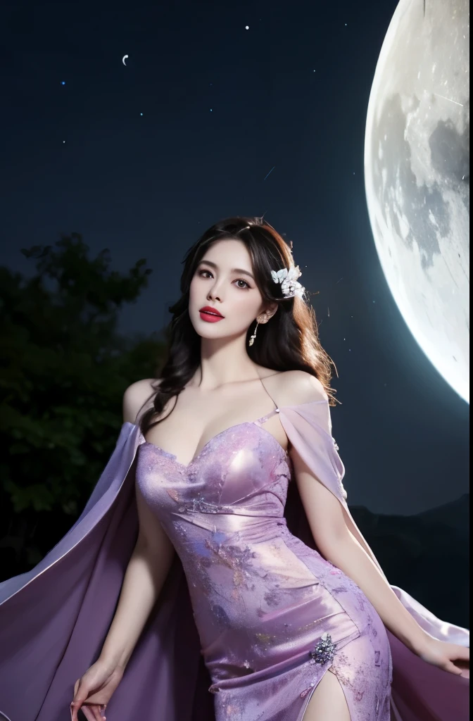 (Best quality, tmasterpiece), 1 girl, Particle, ventania,looking at viewert,purple evening dress,(highdetailskin:1.2), (humongous large breast:1.3),Background with,cosmic, Starcloud, galaxias。