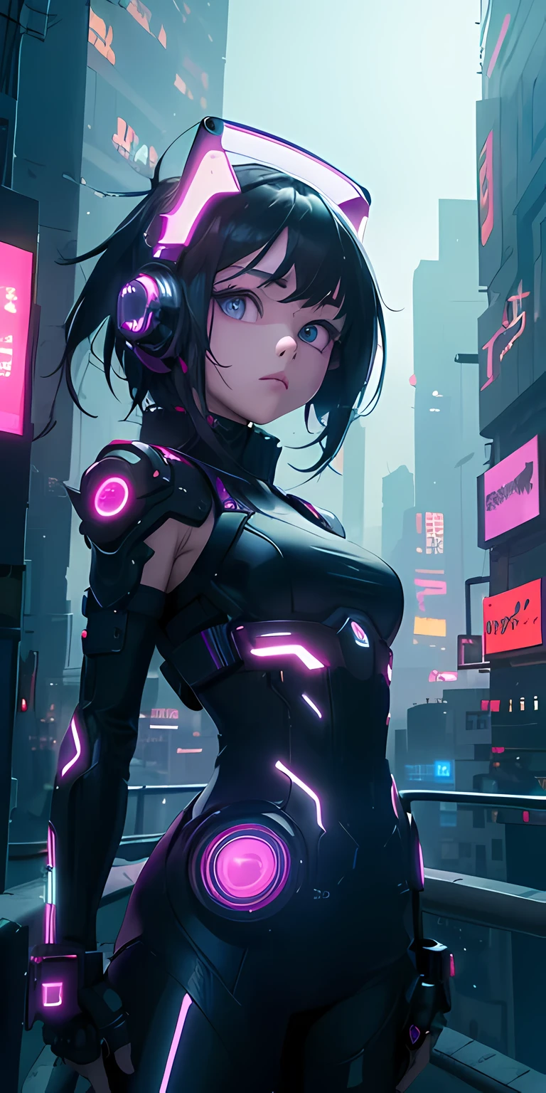 top-quality))、((masterpiece)、cyberpunked、Electronic visor attached to the face of a 12-year-old girl looking out at the city from the roof of a building、Cyberpunk Fashion、Sexy Posing、Exposed skin、Breasts enlarged、Neon lights in dark city at night