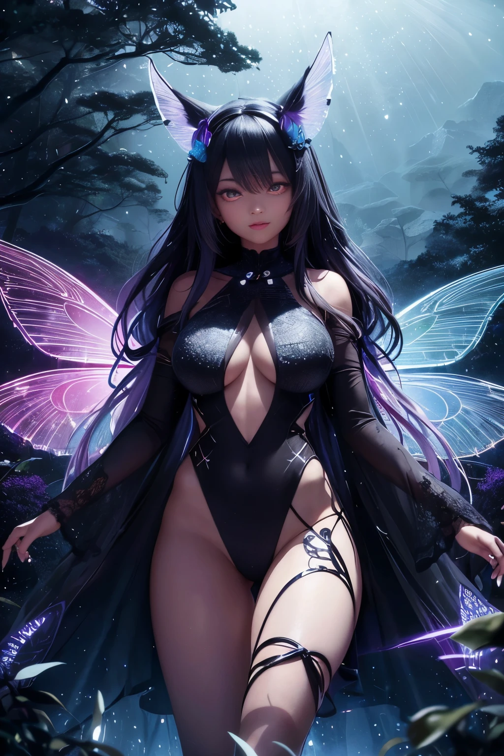 Amidst the enigmatic forest, shrouded in the depths of the darkness night, a striking figure of a black woman emerges. Adorned in captivating African-designed clothes, she ascends through the boundless universe of endless trees. Stars dot the sky above, each one emitting a faint but brilliant light, contrasting the mystical forest. On the contrary, the neon butterflies that flit about add a vibrant burst of energy and color to the otherwise dark and mysterious scene. One orange fox, a placid observer, watches from the undergrowth, its bushy tail twitching in curiosity. An animated, 3D rendition of this surreal scene