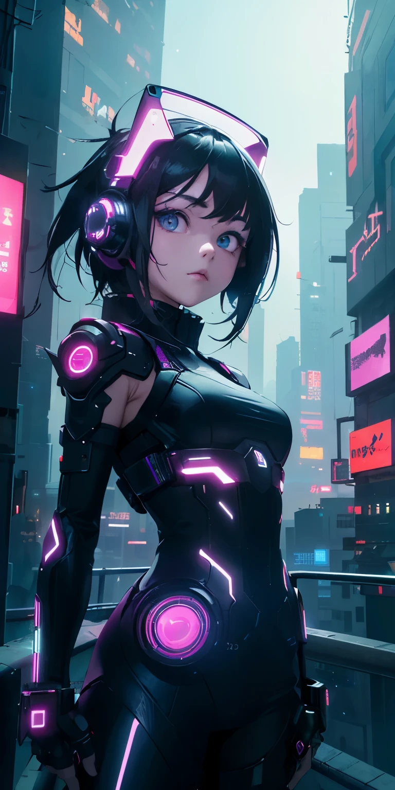 top-quality))、((​masterpiece)、cyberpunked、Electronic visor attached to the face of a 12-year-old girl looking out at the city from the roof of a building、Cyberpunk Fashion、Sexy Posing、Exposed skin、Breasts enlarged、Neon lights in dark city at night