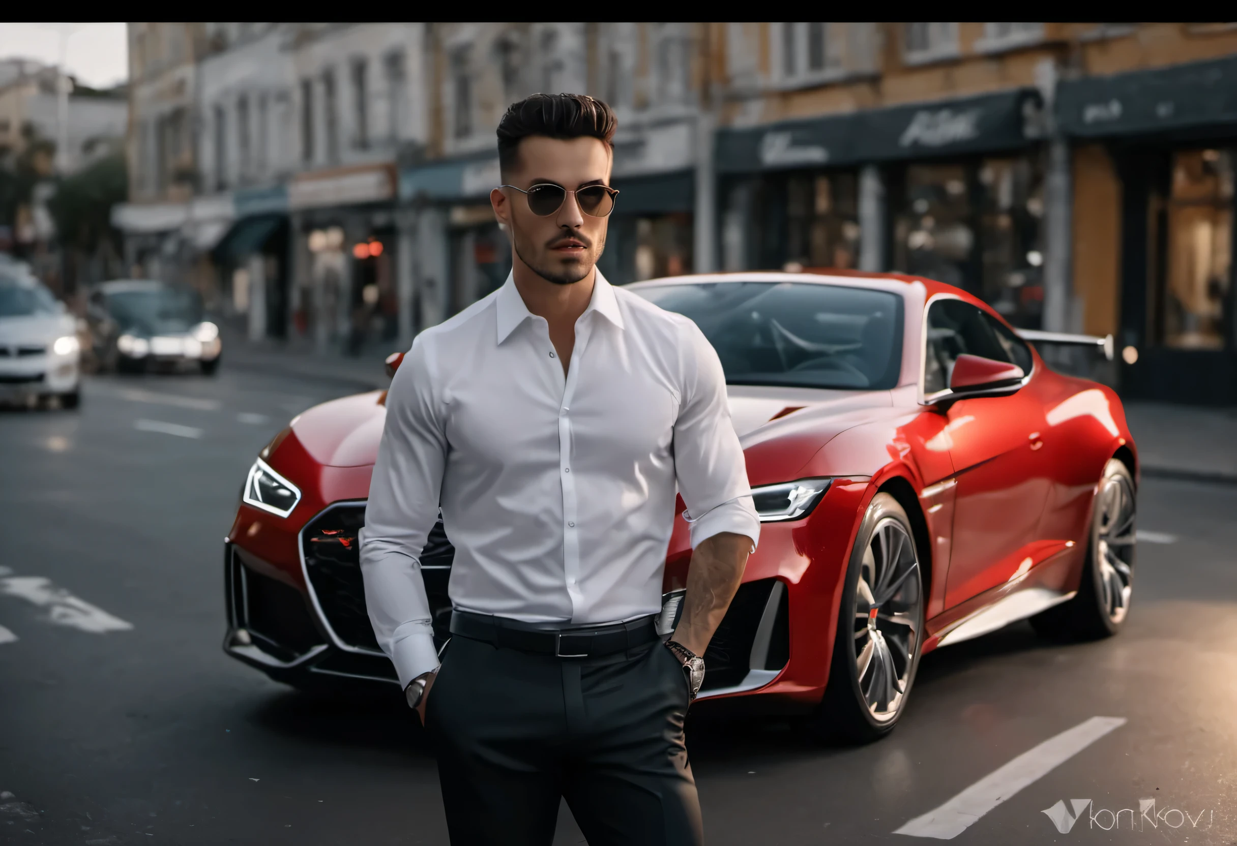 fit man with white shirt and black pants in front of a red sports car, cinematic idiots, homem atraente, homem bonito, bonito e atraente, Anton Fadeev 8K, It&#39;s not Kyrill Kotashev&#39;s style, fotografia comercial de carro, No estilo Jordan Grimmer, bonito e elegante, sophisticated fashion photo shoot