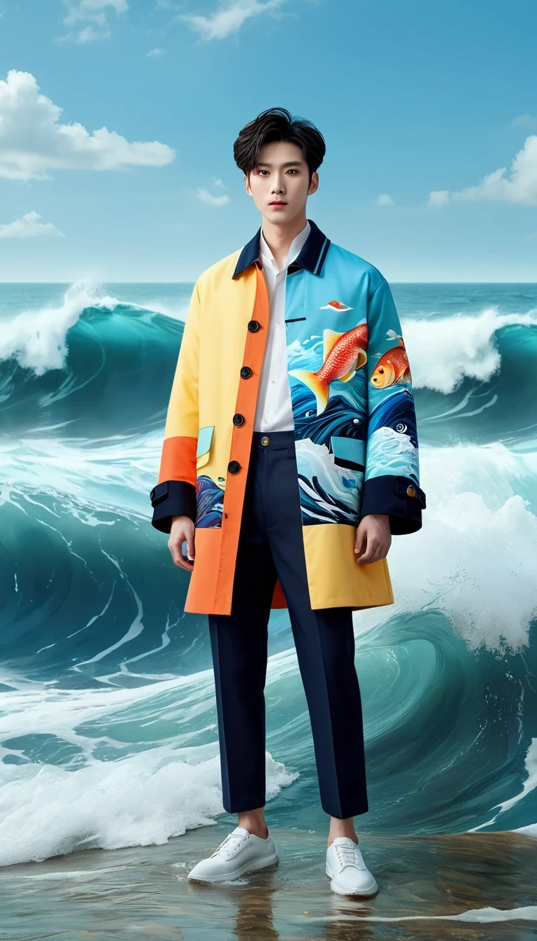 Describe a stunning scene，A person stands steadily on the turbulent waves，There are colorful fish swimming behind the scenes，Pictures full of fantasy and creativity。The work is deeply inspired by the artistic style of the Ma Wan area，Integrate into modern CG social trends，elements added in new lines，and Cai Xukun’s fashion sense。Character wearing fisherman&#39;s clothing&#39;coat，Looks stylish and fits the ocean theme。The overall picture is bright，Background unity，Presenting a visual effect that is both stylized and artistic。

