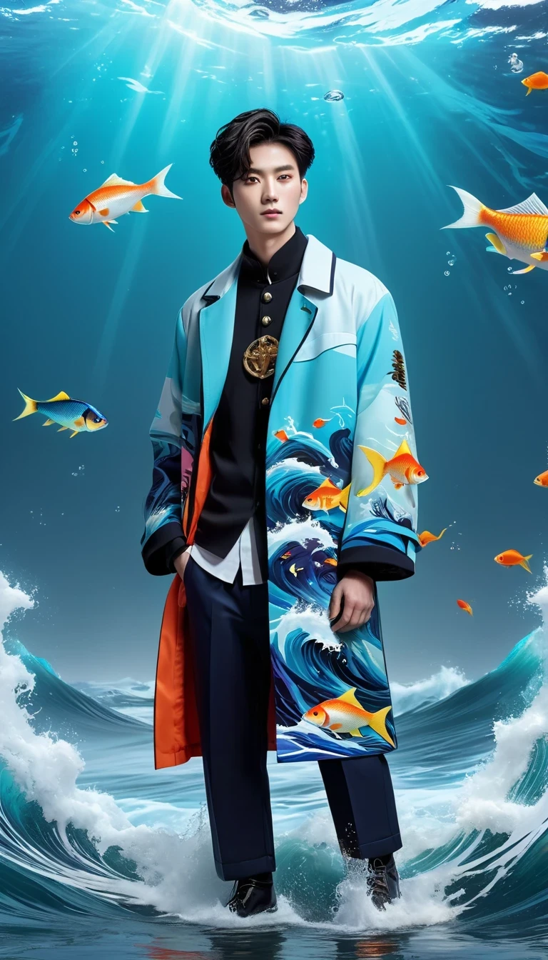 Describe a stunning scene，A person stands steadily on the turbulent waves，There are colorful fish swimming behind the scenes，Pictures full of fantasy and creativity。The work is deeply inspired by the artistic style of the Ma Wan area，Integrate into modern CG social trends，elements added in new lines，and Cai Xukun’s fashion sense。Character wearing fisherman&#39;s clothing&#39;coat，Looks stylish and fits the ocean theme。The overall picture is bright，Background unity，Presenting a visual effect that is both stylized and artistic。

