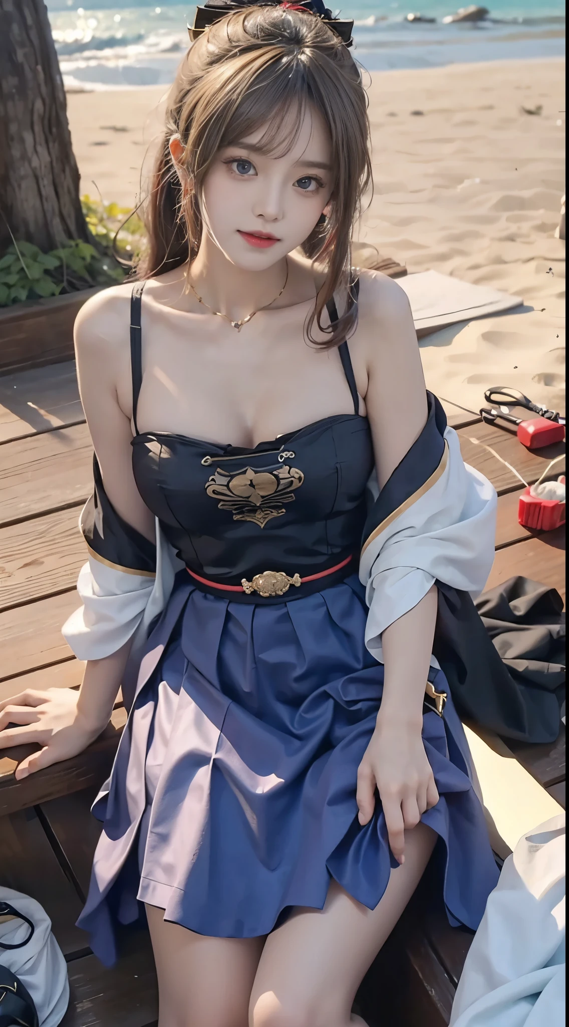 ayaka,genshin impact,kamisato ayaka, (masterpiece, best quality:1.2), 1girl, solo, ((bare shoulders)), (actual:1.37), ((lying on a beach)), ((Bird's eye view shot)), Sweet maiden, beautiful妆容, Exquisite makeup, Extremely beautiful eyes, long hair, curls, slim body, ((big breasts, Big breasts, cleavage)), Sexy slender legs, The skirt is short, Leaking sexy legs, elegant posture, Dynamic posing, best quality, correct, correct的手, correct的腿, 解剖学correct, official art, complex, detail的脸, detail, lifelike, Very detailed, amazing, beautiful, Young and energetic, Charming model, Meticulous CG Uniform 8k wallpaper