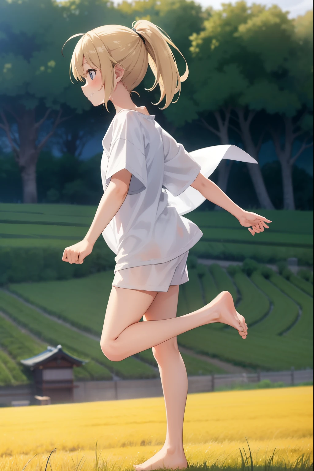 full body figure,1 girl,blonde,ponytail,Long white T-shirt,not wearing pants,barefoot,smile,blush,from side,Run,japanese countryside,rice field nearby,