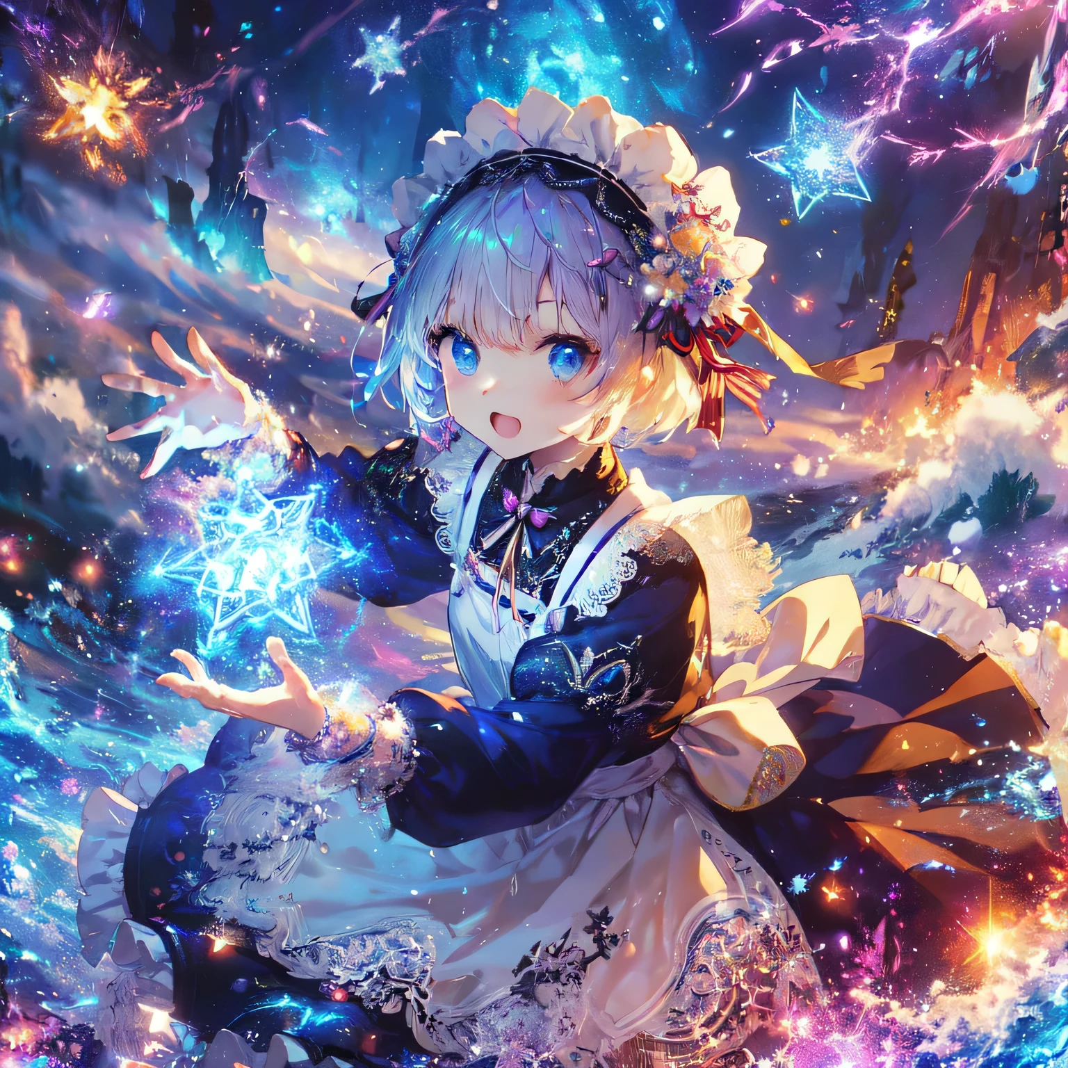 Anime girl with a magic wand in a forest with stars々are collecting, splash art anime , beautiful heavenly magician, anime fantasy artwork, anime art wallpaper 4k, anime art wallpaper 4k, anime fantasy illustration, anime art wallpaper 8k, anime style 4k, with the power of magic, , detailed digital anime art, Detailed anime original drawing