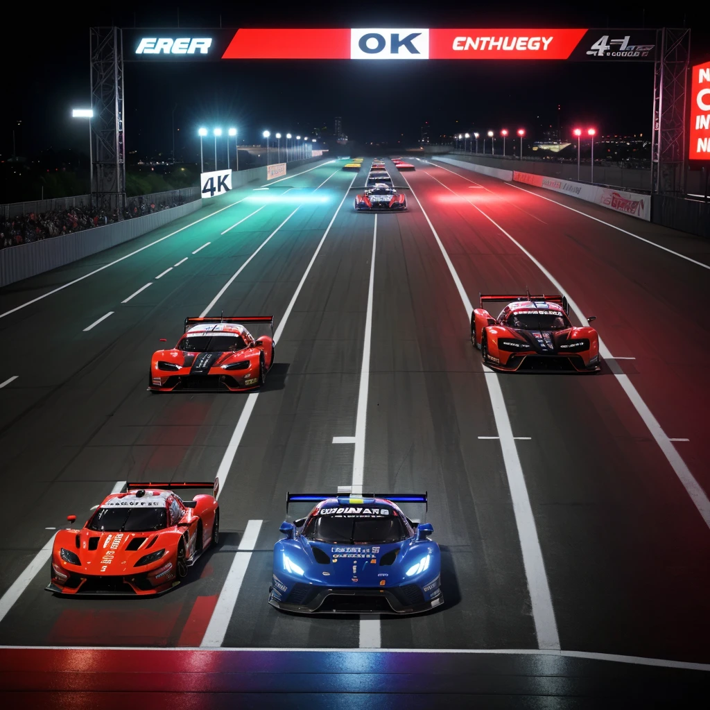 (best quality,4k,8k,highres,masterpiece:1.2),ultra-detailed,high-speed racing car, powerful engine, sleek and aerodynamic design, glossy metallic paint, roaring exhaust sound, vibrant colors, dynamic motion blur, professional racing driver, adrenaline-fueled race, tire smoke, intense competition, dramatic pit stops and tire changes, cheering crowd, stadium lights, winner's trophy, victory celebration, high-octane energy, thrilling and fast-paced, realistic physics simulation