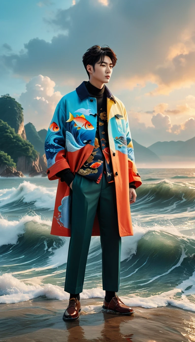 Describe a stunning scene，A person stands steadily on the turbulent waves，There are colorful fish swimming behind the scenes，Pictures full of fantasy and creativity。The work is deeply inspired by the artistic style of the Ma Wan area，Integrate into modern CG social trends，elements added in new lines，and Cai Xukun’s fashion sense。Character wearing fisherman&#39;s clothing&#39;coat，Looks stylish and fits the ocean theme。The overall picture is bright，Background unity，Presenting a visual effect that is both stylized and artistic。

