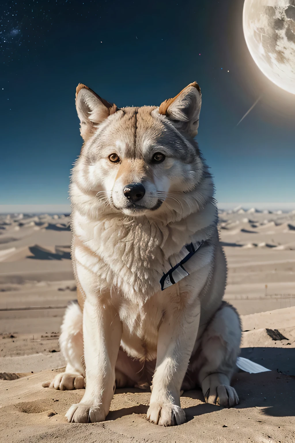 retrato de un perrito blanco con abundante pelaje de raza lobo siberiano, muestra ternura, feliz, con fondo plomo o en el espacio