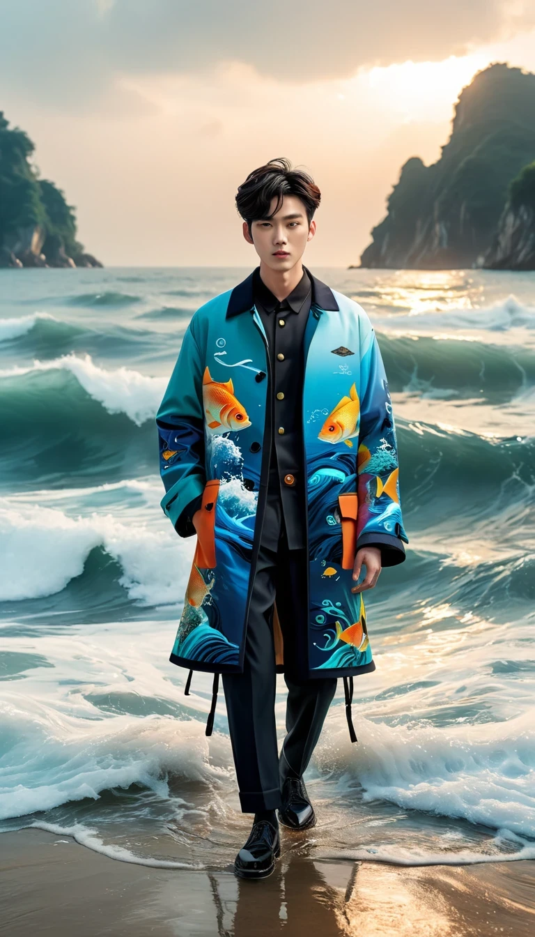 Describe a stunning scene，A person stands steadily on the turbulent waves，There are colorful fish swimming behind the scenes，Pictures full of fantasy and creativity。The work is deeply inspired by the artistic style of the Ma Wan area，Integrate into modern CG social trends，elements added in new lines，and Cai Xukun’s fashion sense。Character wearing fisherman&#39;s clothing&#39;coat，Looks stylish and fits the ocean theme。The overall picture is bright，Background unity，Presenting a visual effect that is both stylized and artistic。

