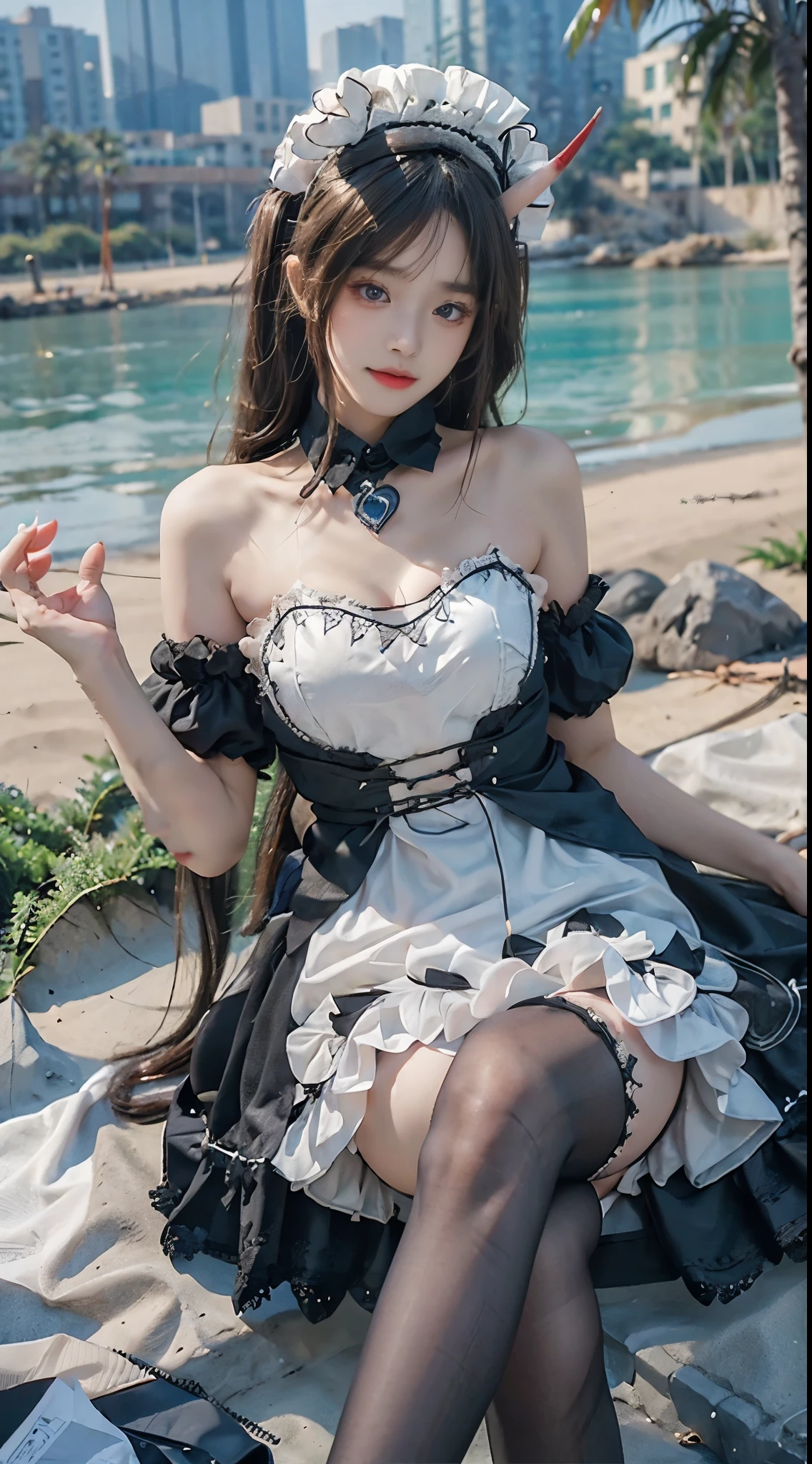 noshiro cosplay costume, cosplay,maid,apron,horns,black thighhighasterpiece, best quality:1.2), 1girl, solo, ((bare shoulders)), (actual:1.37), ((lying on a beach)), ((Bird&#39;s eye view shot)), Sweet maiden, beautiful妆容, Exquisite makeup, Extremely beautiful eyes, long hair, curls, slim body, ((big breasts, Big breasts, cleavage)), Sexy slender legs, The skirt is short, Leaking sexy legs, elegant posture, Dynamic posing, best quality, correct, correct的手, correct的腿, 解剖学correct, official art, complex, detail的脸, detail, lifelike, Very detailed, amazing, beautiful, Young and energetic, Charming model, Meticulous CG Uniform 8k wallpaper