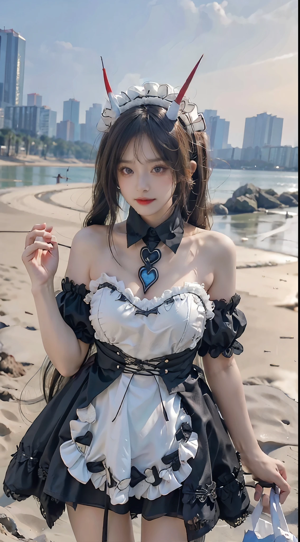 noshiro cosplay costume, cosplay,maid,apron,horns,black thighhighasterpiece, best quality:1.2), 1girl, solo, ((bare shoulders)), (actual:1.37), ((lying on a beach)), ((Bird&#39;s eye view shot)), Sweet maiden, beautiful妆容, Exquisite makeup, Extremely beautiful eyes, long hair, curls, slim body, ((big breasts, Big breasts, cleavage)), Sexy slender legs, The skirt is short, Leaking sexy legs, elegant posture, Dynamic posing, best quality, correct, correct的手, correct的腿, 解剖学correct, official art, complex, detail的脸, detail, lifelike, Very detailed, amazing, beautiful, Young and energetic, Charming model, Meticulous CG Uniform 8k wallpaper