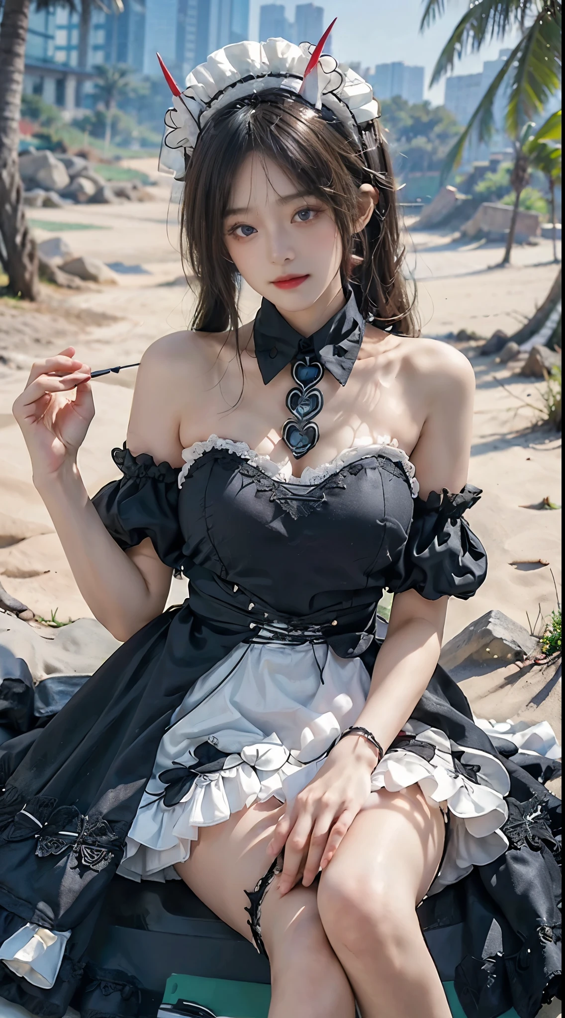 noshiro cosplay costume, cosplay,maid,apron,horns,black thighhighasterpiece, best quality:1.2), 1girl, solo, ((bare shoulders)), (actual:1.37), ((lying on a beach)), ((Bird&#39;s eye view shot)), Sweet maiden, beautiful妆容, Exquisite makeup, Extremely beautiful eyes, long hair, curls, slim body, ((big breasts, Big breasts, cleavage)), Sexy slender legs, The skirt is short, Leaking sexy legs, elegant posture, Dynamic posing, best quality, correct, correct的手, correct的腿, 解剖学correct, official art, complex, detail的脸, detail, lifelike, Very detailed, amazing, beautiful, Young and energetic, Charming model, Meticulous CG Uniform 8k wallpaper