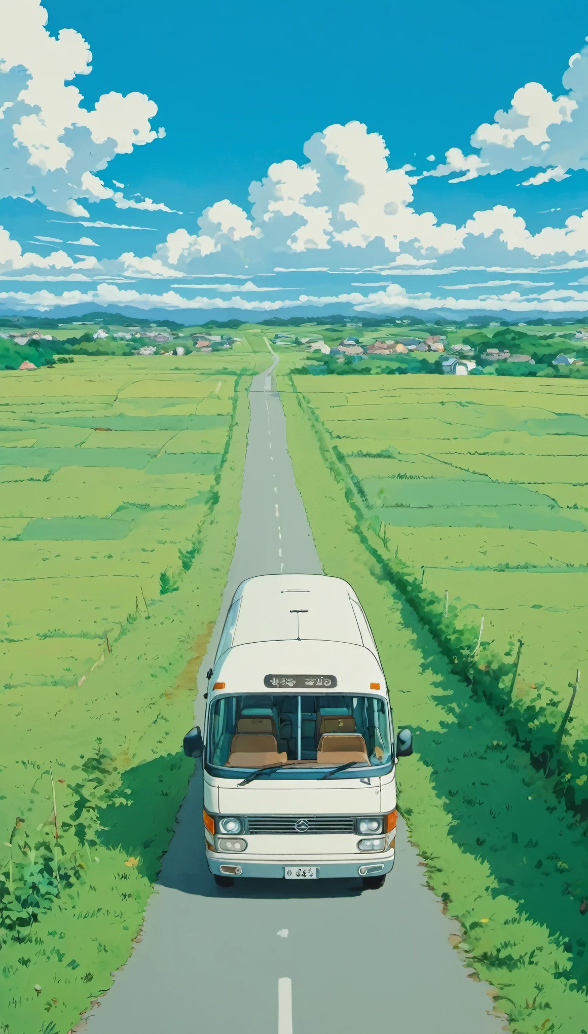 (minimalism:1.4), a Minibus on the road, Studio Ghibli art, Miyazaki, pasture with blue sky and white clouds