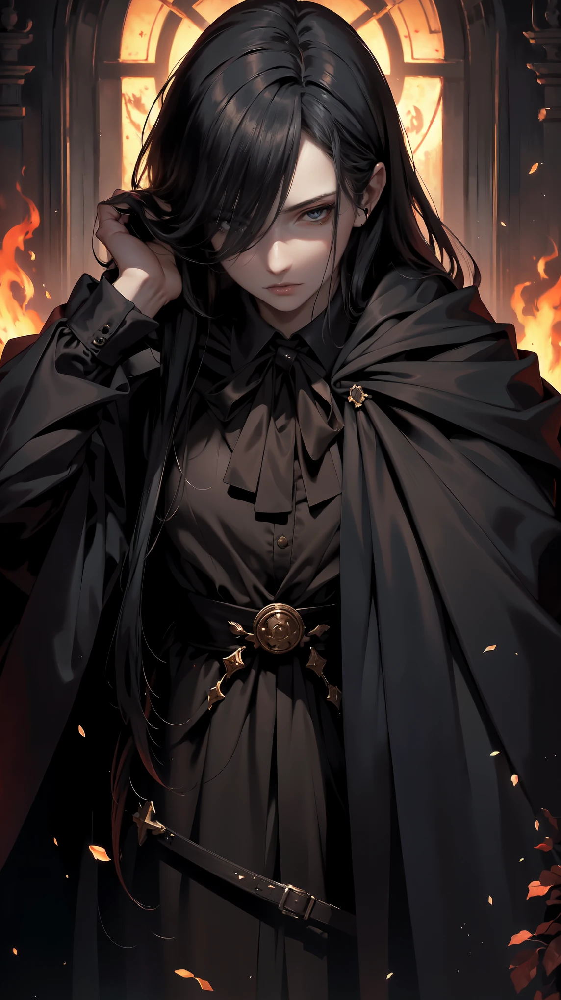 (Detailed close-up portrait !)(8K Masterpiece.High Quality.Digital Art.Beautiful and Aesthetic anime style.Perfect compositions and excellent perspective.OIL PAINTING) One slender man with long straight black hair, pale skin and unshaven stubble.in an old fashioned black Templar's Robe (the character is in an ancient temple with atmospheric lighting and architecture)A beautiful gothic temple illuminated by fire from the inside