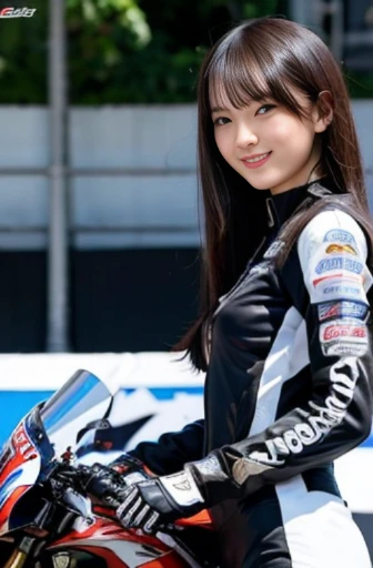 best quality, detailed, beautiful, insanely detailed, absurdres,perfect anatomy,
Japanese woman,black hair,27 years old,
(slender),
(small breasts),laughing, hands on head, flipped hair
(grid girl:1.2),standing next to a racing motorcycle