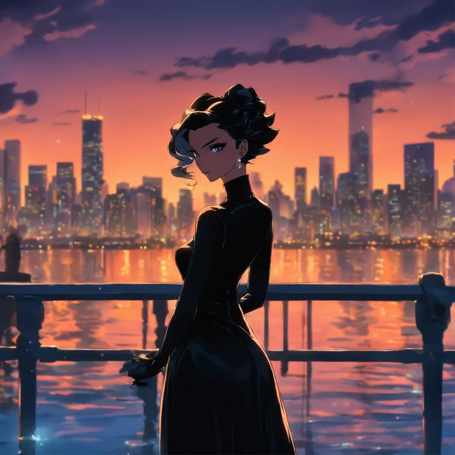 woman in black dress posing on a pier with a city skyline in the background, elegant glamourous cosplay, glamourous cosplay, stunning elegant pose, black gown, glamorous pose, by Jack Boul, pinup style, by Eva Frankfurther, stunning elegant, old hollywood themed, emaciated black evening gown, elegant pose, flowing black gown