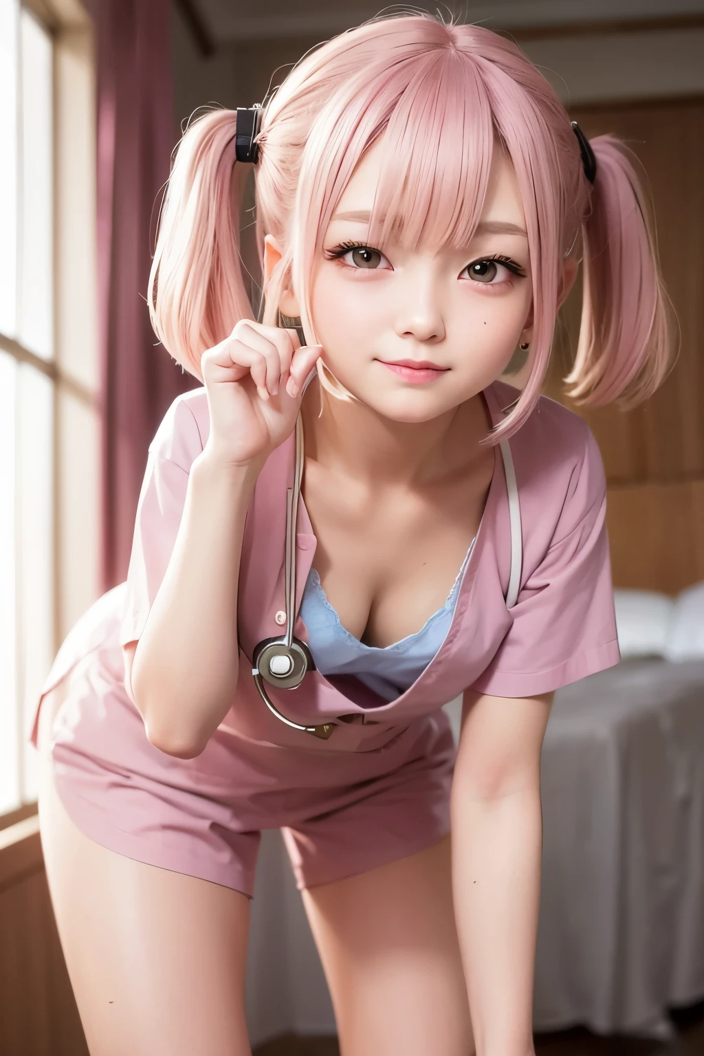 masterpiece, best quality, 1 girl, detailed beautiful face, ((pink nurse)), bent over, down blouse, smilingshort hair, waved hair, twintail, white hair, nurse uniform with a few buttons unbuttoned, (flat chest), (small breast)