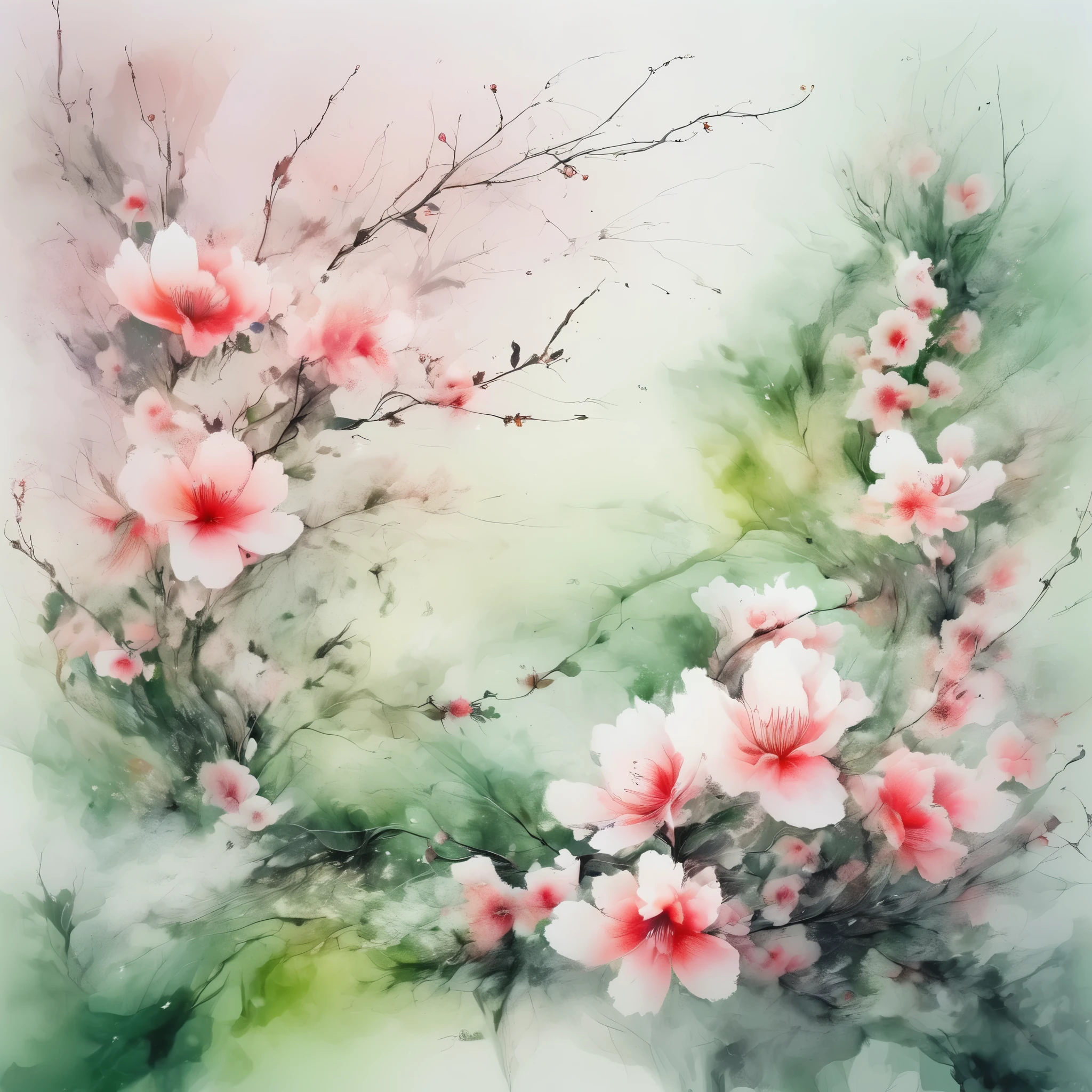 This watercolor flower painting shows an elegant and fresh visual effect。Wild flowers and peach blossoms intertwined in the fields,Forming the perfect combination of nature and romance。The screen is dominated by a white background,Highlight isolated watercolor flower。Splash technology recreates wet conditions,The atmosphere seems vague and dreamy。Unique compositions and abstract representation add to the artistic feel of the picture,Contains elements of surrealism。The overall color tone is mainly light tones,Pale pink and green complement each other,Reveal high-resolution details。The ink splash effect adds a touch of agility to the picture,The pale color gives the flowers a deep and restrained beauty.。