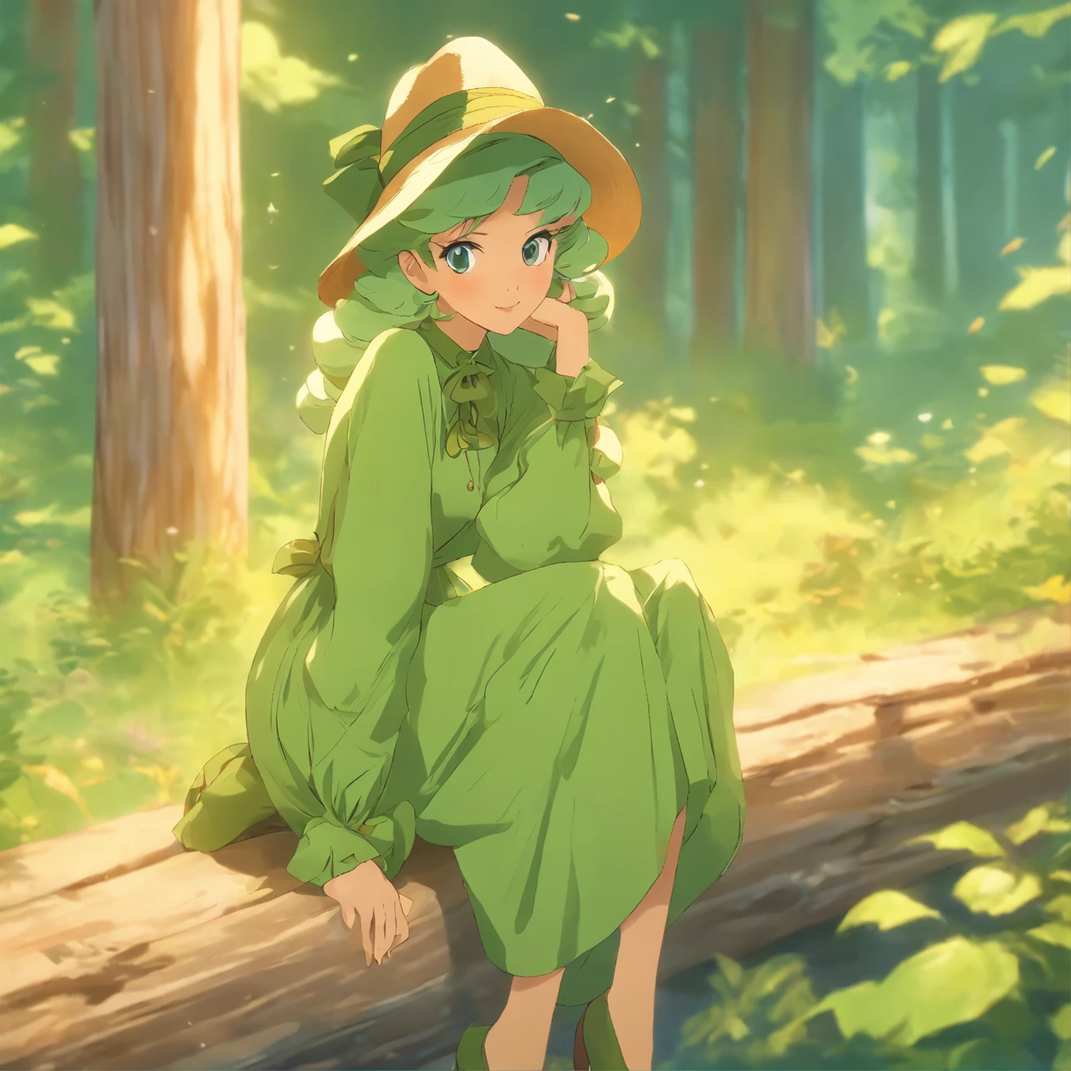 woman in green dress and hat sitting on a log cabin, a portrait by Emma Andijewska, trending on pixabay, art nouveau, dressed like in the 1940s, 1940s, 1 9 4 0 s, ww2 era, 1930s, 1 9 3 0 s, 3 0 s