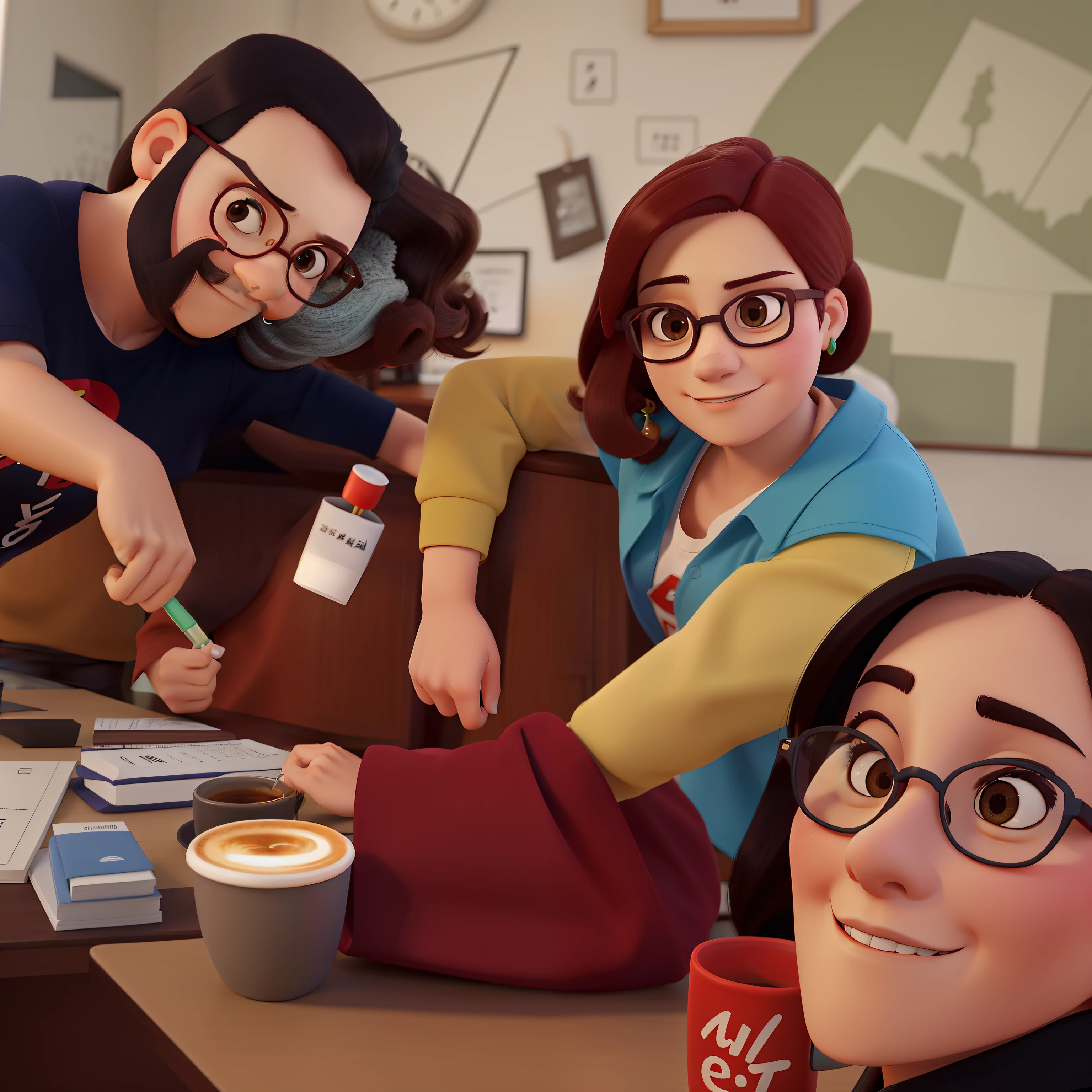 Obra-prima, de melhor qualidade, Three psychologists drinking coffee, sendo uma mulher de 40 anos loira, With shoulder-length hair, boca vermelha, brincos dourados gordinha com camiseta escrito Setting Corporativo, uma mulher japonesa com cabelo bem curto e encaracolado e raspado do lado esquerdo, with big glasses and big red rectangular earring, camiseta verde escrita Setting Corporativo, um homem de 55 anos, com bastante cabelo e barba grisalha, with Jung glasses with t-shirt written Corporate Setting. The three of them drink coffee and chat in a room at Freud's