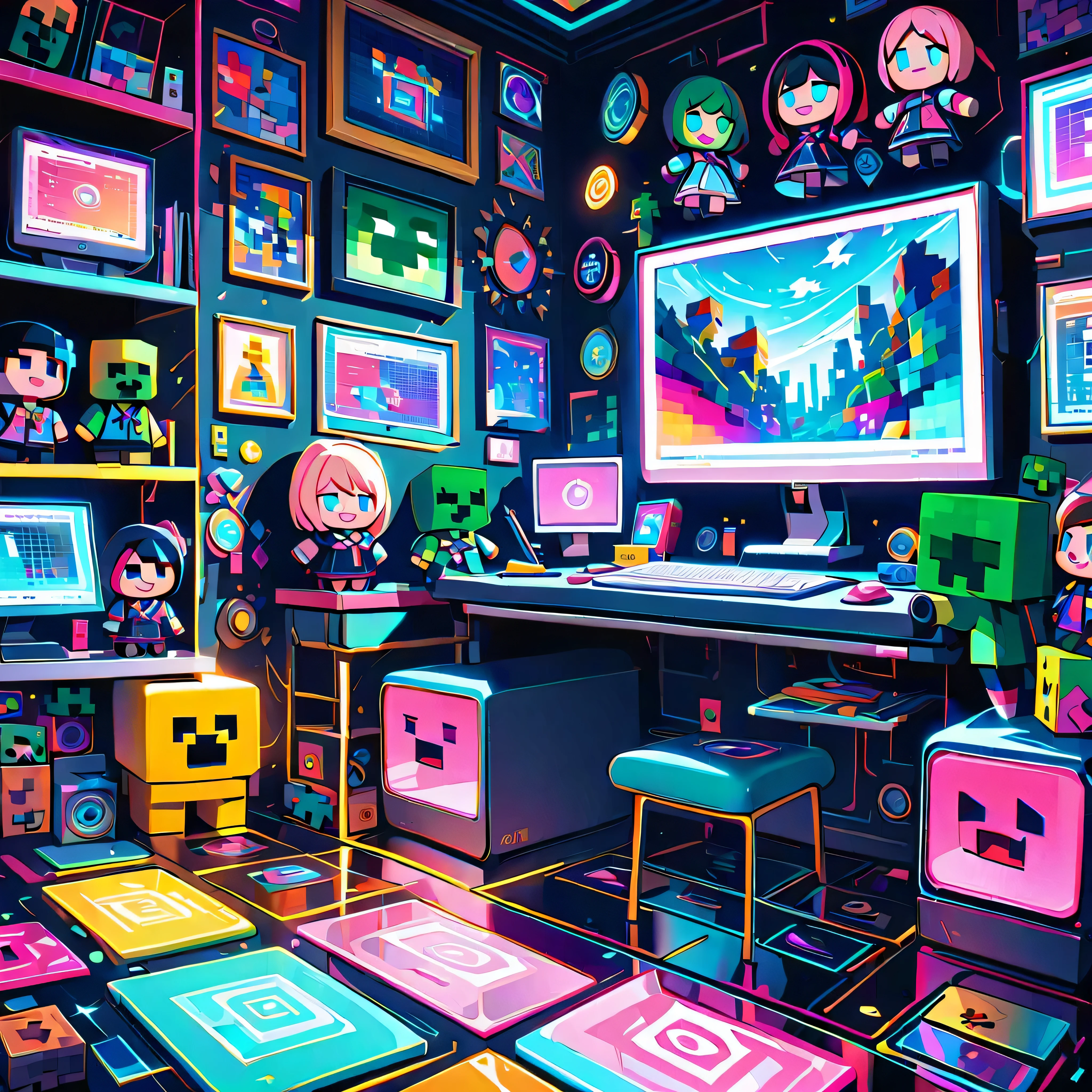 iluminacion de neon ,epic gorgeous, ultra high resolution image. The image must be super original and complex..., con una variedad de colores hermosos y vibrantes luces con letras de luces de neon colores vibrantes., Ultra_high-quality and ultra_High-definition), micro high desk, obra maestra, ((beautiful 14 year old playing video games on a latest generation PC smiling and having fun, gorra en la cabeza;1,3)),(( jugador, in a room with many intricate decorations, pose dinamica,(Creeper minicraft character dolls:1.4), publicaciones que hacen minecraft))), saturate, reflection, varied multi etc. --v 6 --s 1000 --c 20 --q5 --chaos 100