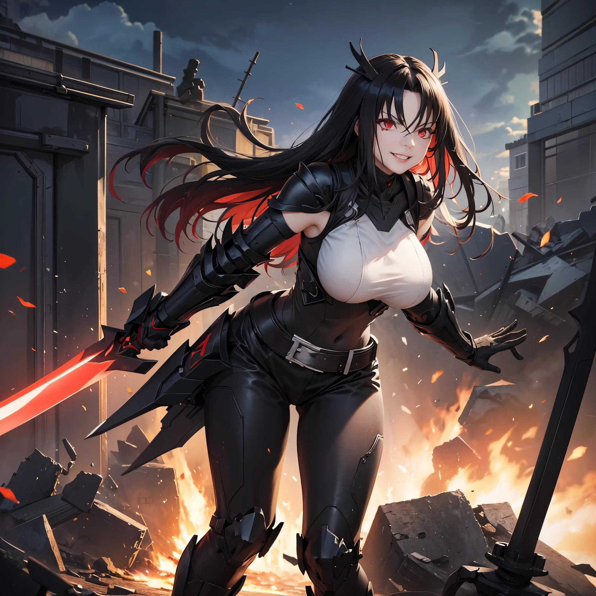 A woman wearing black armor, big breasts, sadistic smile, red eyes, black hair, holding a sword, in a ruined place,4k, perfect, ultra resolution.
