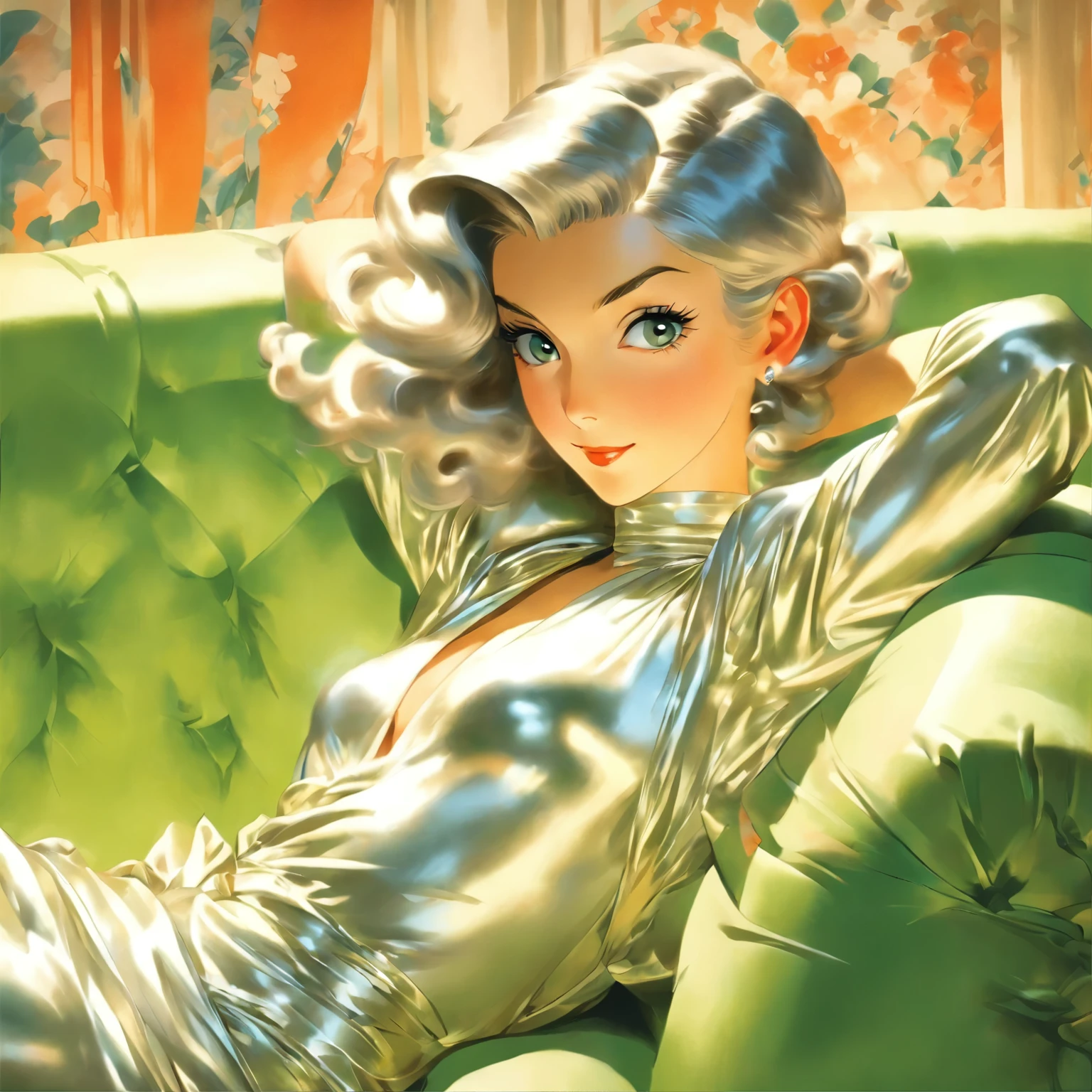 arafed woman in a silver dress laying on a green couch, an art deco painting by Tom Lovell, tumblr, photorealism, in a silver silk robe, horst p. horst, leyendecker style, leyendecker, j.c. leyendecker wlop, wearing silver silk robe, j.c leyendecker