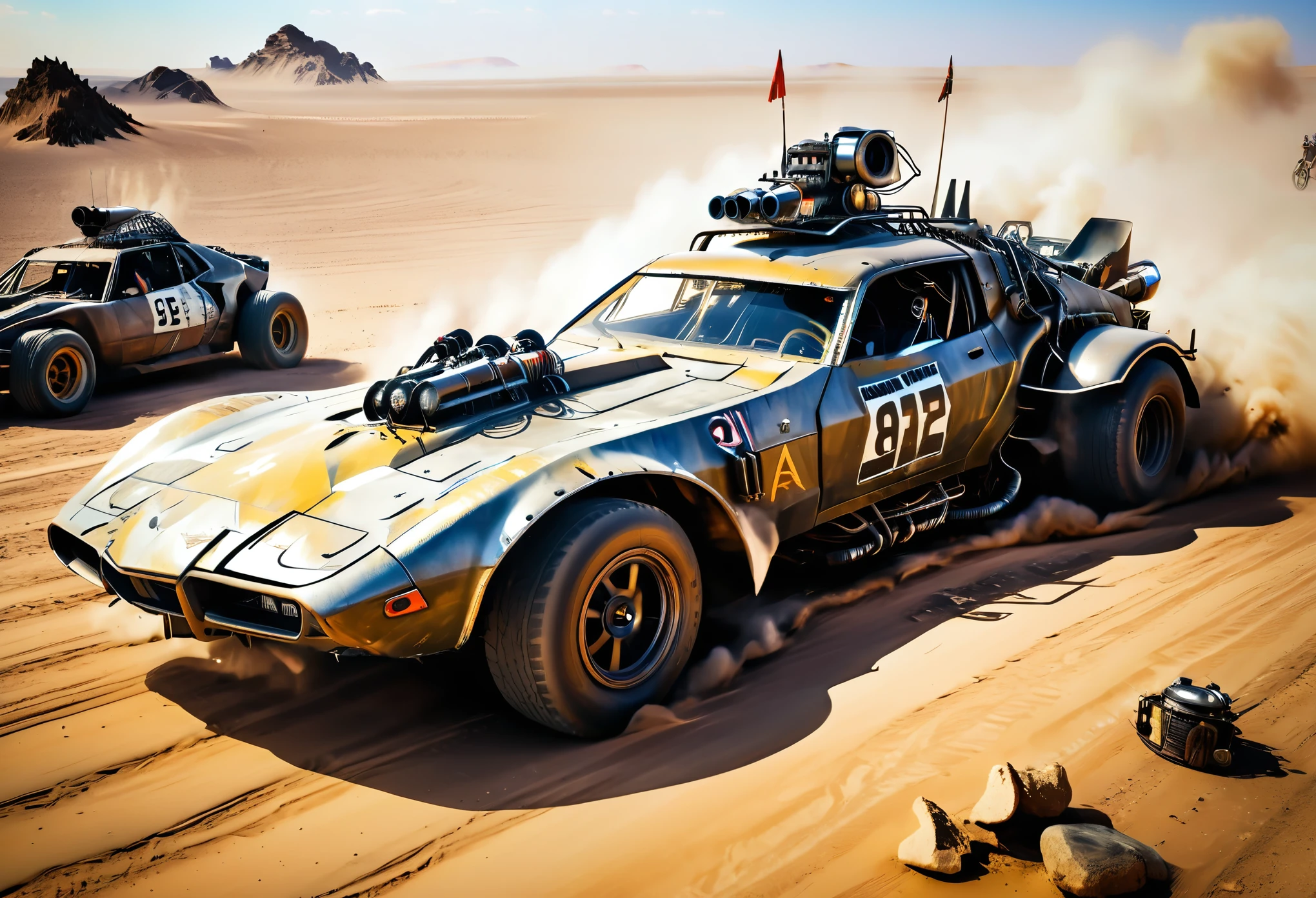 ((Racing Car:1.5, drone camera view:1.5, wide general shot:1.5)), ((3 cars running mad max style races, in the desert, among rubble, punk people watching the race on the sides of the road :1.5)) of the explosions illuminate the cars, 32k.