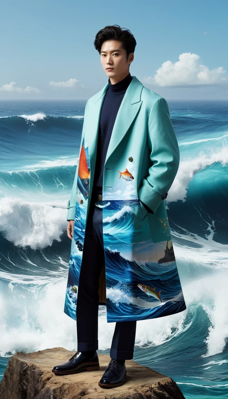 This work is a tribute to the ocean and its power、The perfect combination of nature and fashion。through digital means，Wave meeting、Fish and figure become one，Create a fantasy world that is both realistic and surreal。fisherman&#39;The coat in the painting not only adds a fashion element，It also symbolizes the close connection between man and the ocean..。bright, A unified background highlights the theme of the picture，Make the overall visual effect more unified。

