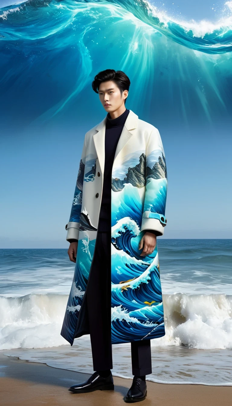 This work is a tribute to the ocean and its power、The perfect combination of nature and fashion。through digital means，Wave meeting、Fish and figure become one，Create a fantasy world that is both realistic and surreal。fisherman&#39;The coat in the painting not only adds a fashion element，It also symbolizes the close connection between man and the ocean..。bright, A unified background highlights the theme of the picture，Make the overall visual effect more unified。

