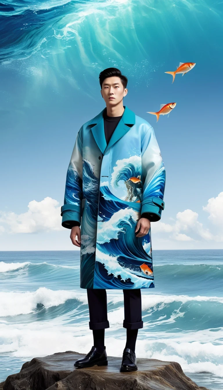 This work is a tribute to the ocean and its power、The perfect combination of nature and fashion。through digital means,Wave meeting、Fish and figure become one,Create a fantasy world that is both realistic and surreal。fisherman'The coat in the painting not only adds a fashion element,It also symbolizes the close connection between man and the ocean..。bright, A unified background highlights the theme of the picture,Make the overall visual effect more unified。