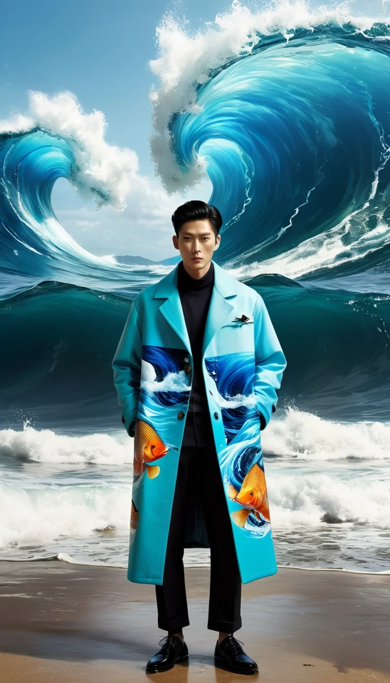 This work is a tribute to the ocean and its power、The perfect combination of nature and fashion。through digital means，Wave meeting、Fish and figure become one，Create a fantasy world that is both realistic and surreal。fisherman&#39;The coat in the painting not only adds a fashion element，It also symbolizes the close connection between man and the ocean..。bright, A unified background highlights the theme of the picture，Make the overall visual effect more unified。

