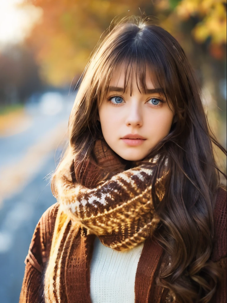 (masterpiece), highest quality, Super detailed, figure, warm lighting, soft lighting, bright colors, 1 girl, alone,( beautiful girl, long hair, blue eyes, ribbon, brown hair, hair between eyes, hair ribbon, side lock, very long hair, messy hair,) , autumn, many maple trees, maple leaf, golden leaves, autumn leaves, dried leaves, river, refreshing air, peace, cool breeze , sweater weather,( Please wear a white or brown sweater, red scarf, moody fall, 物sad, melancholy, sad ,Worried, longing,)